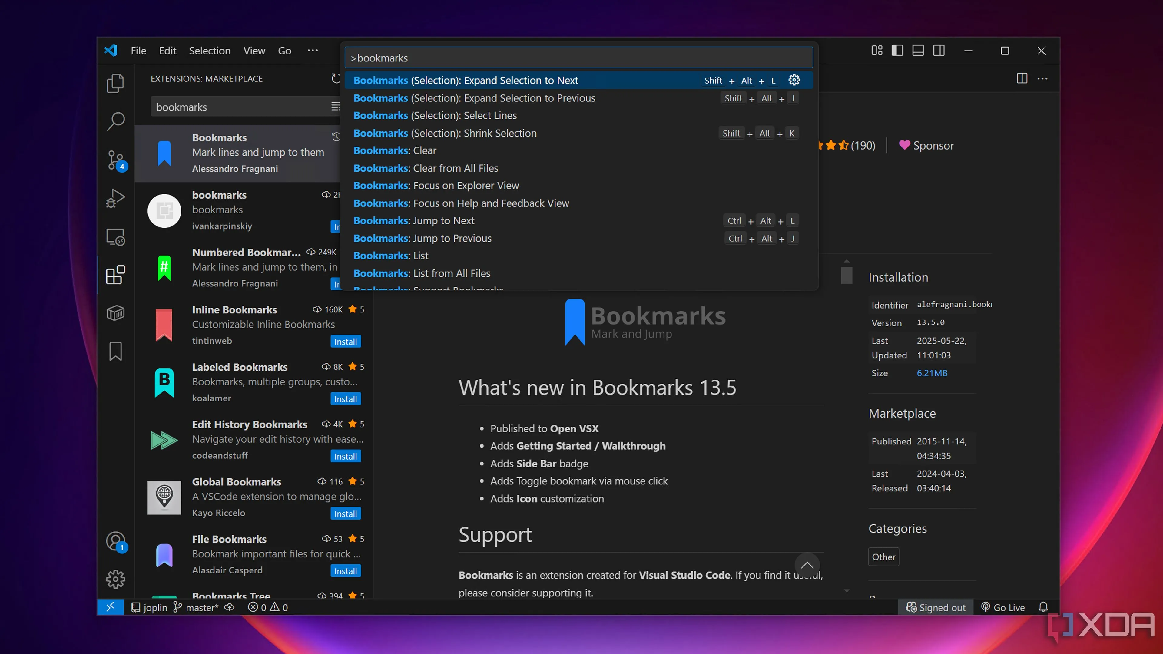 Giao diện tiện ích mở rộng Bookmarks trong VS Code cho phép đánh dấu và quản lý các dòng code