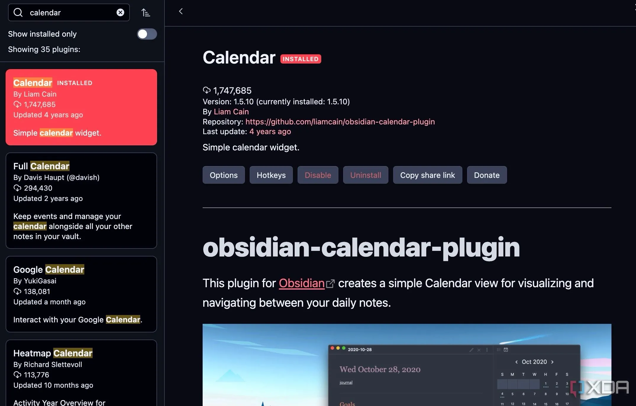 Giao diện tìm kiếm plugin cộng đồng, hiển thị plugin &quot;Calendar&quot; để tích hợp lịch vào Obsidian