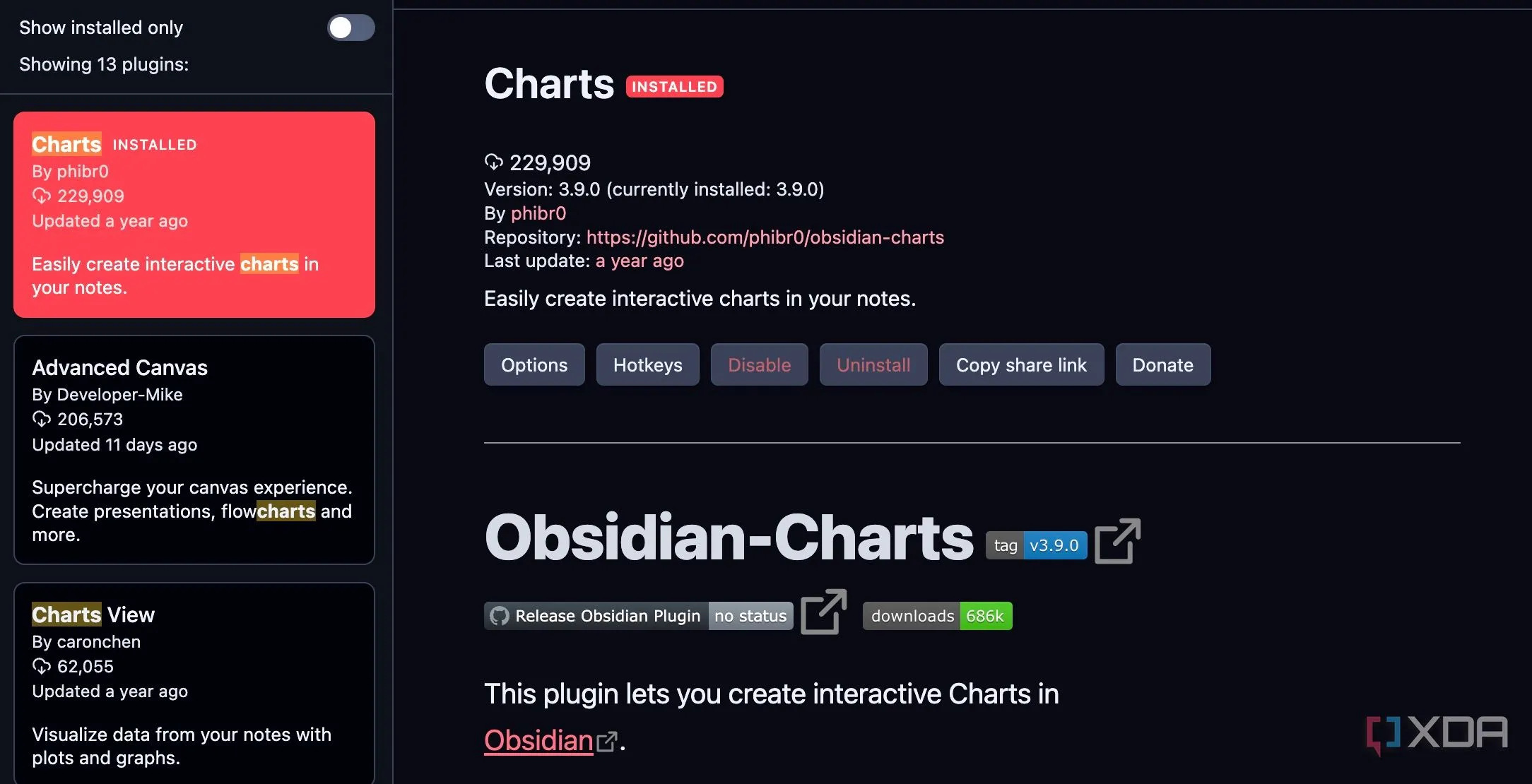 Giao diện tìm kiếm plugin cộng đồng trong Obsidian, hiển thị plugin Charts đã được tìm thấy và nút 'Install' để cài đặt