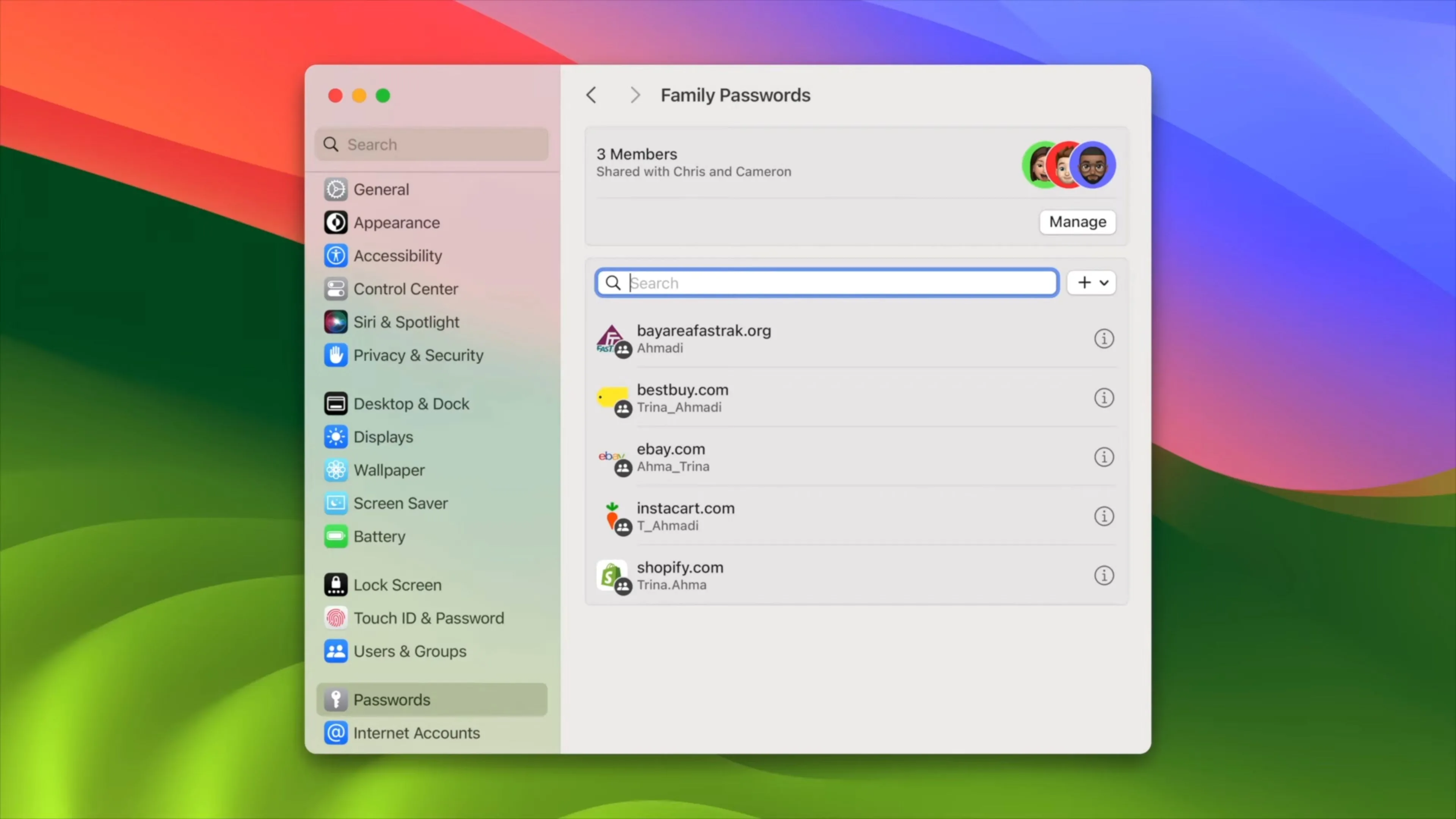 Giao diện tính năng chia sẻ mật khẩu an toàn với thành viên gia đình trên hệ điều hành macOS