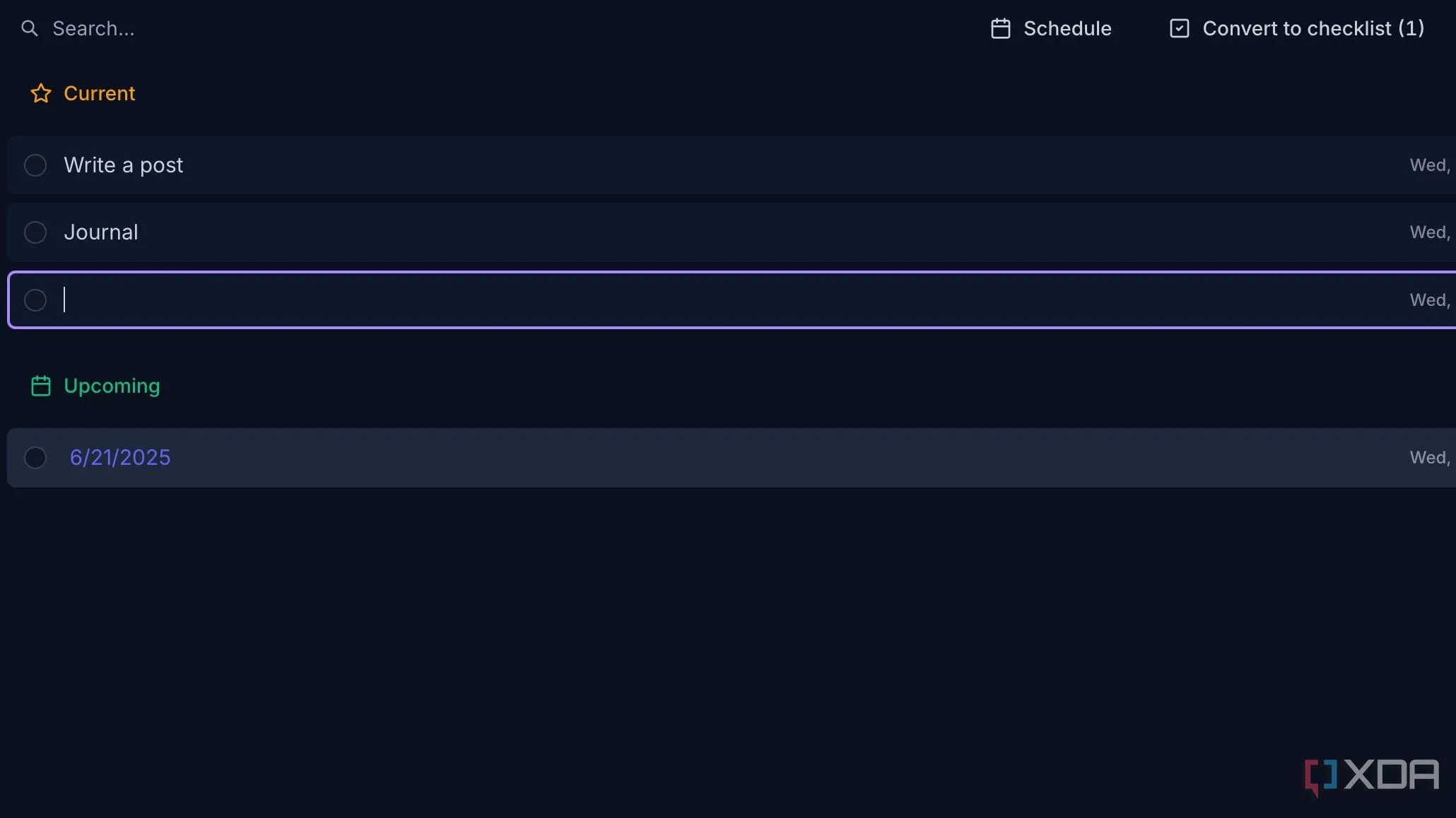 Giao diện tính năng quản lý tác vụ (tasks view) tập trung của Reflect Notes
