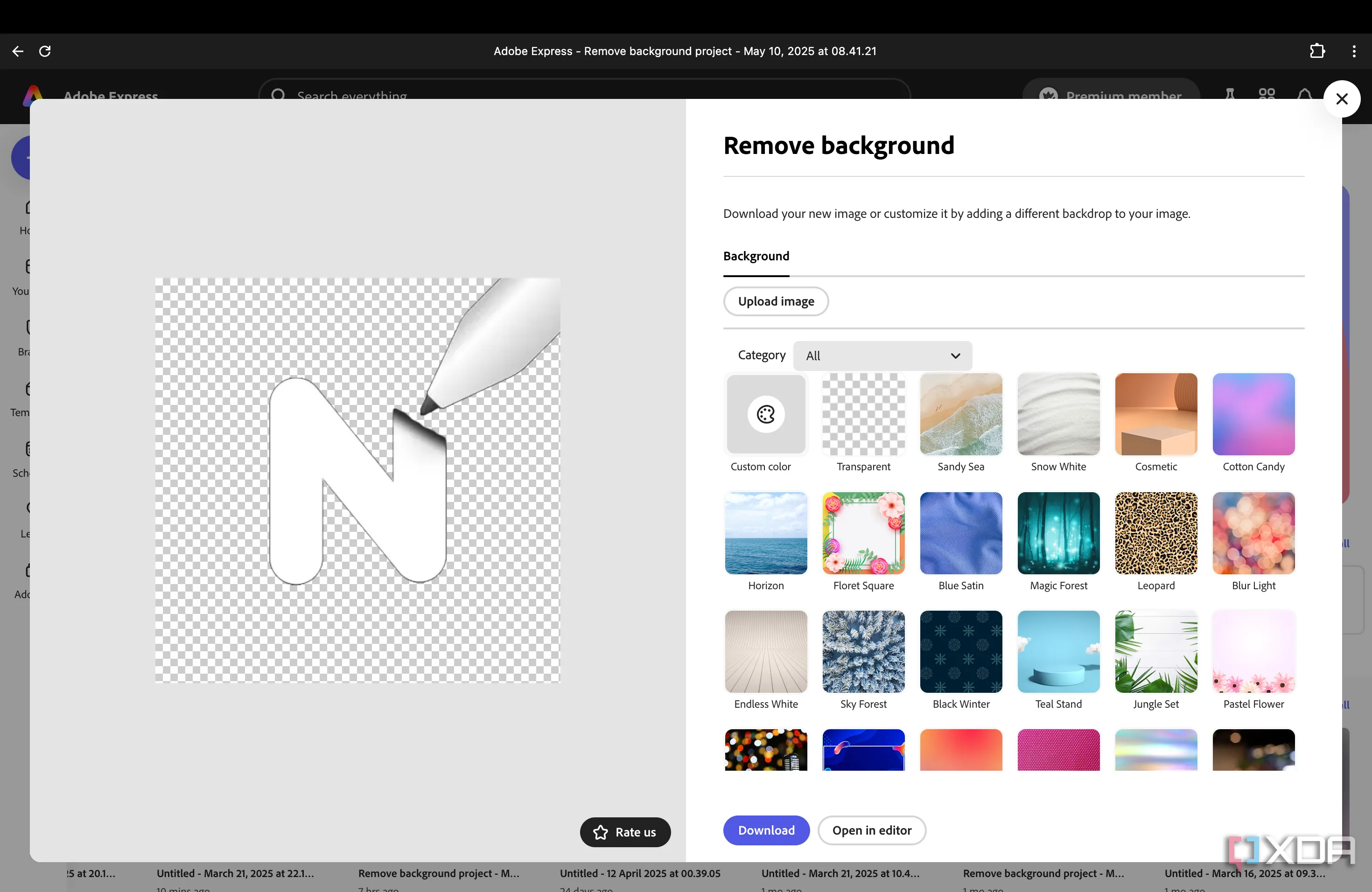 Giao diện tính năng Quick Action &quot;Remove background&quot; trong Adobe Express, giúp xóa nền ảnh nhanh chóng.