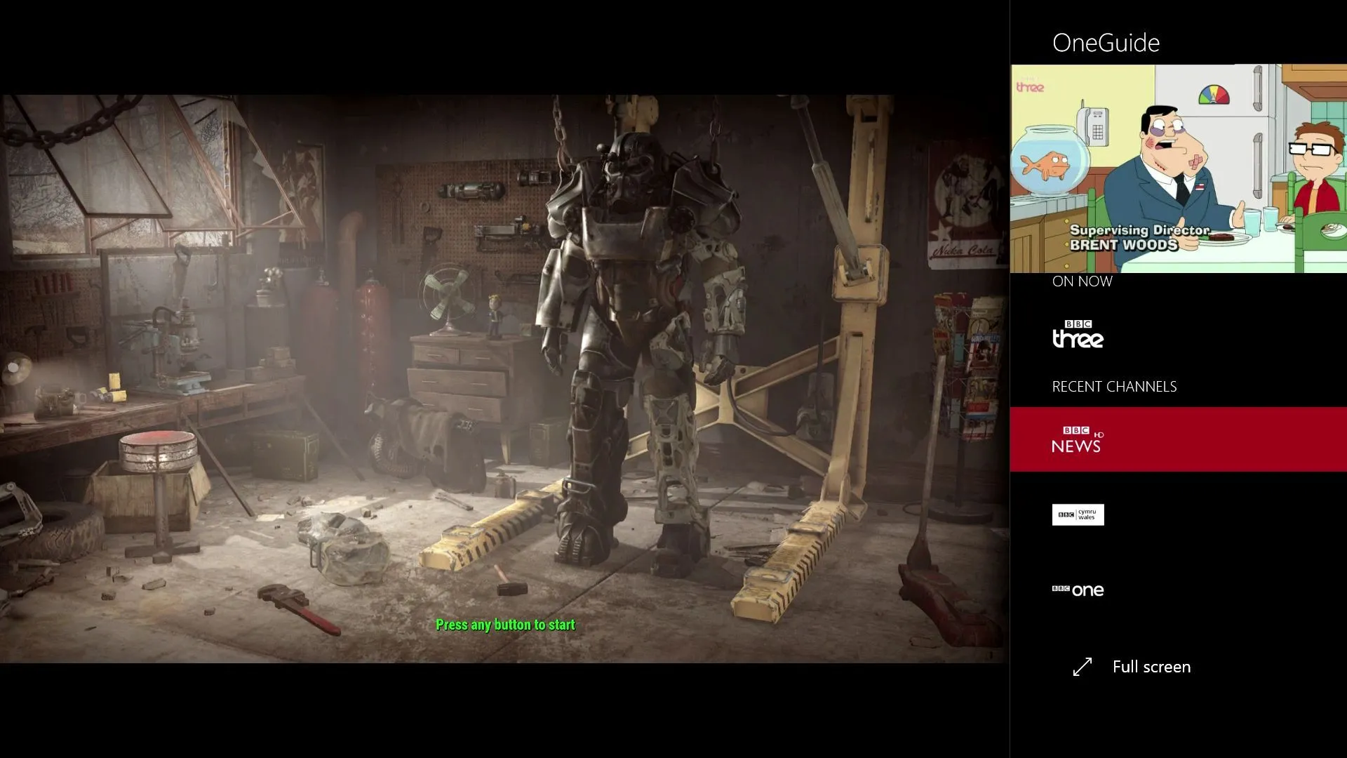 Giao diện tính năng Snap của Xbox One, hiển thị game Fallout 4 và chương trình American Dad trên màn hình chia đôi