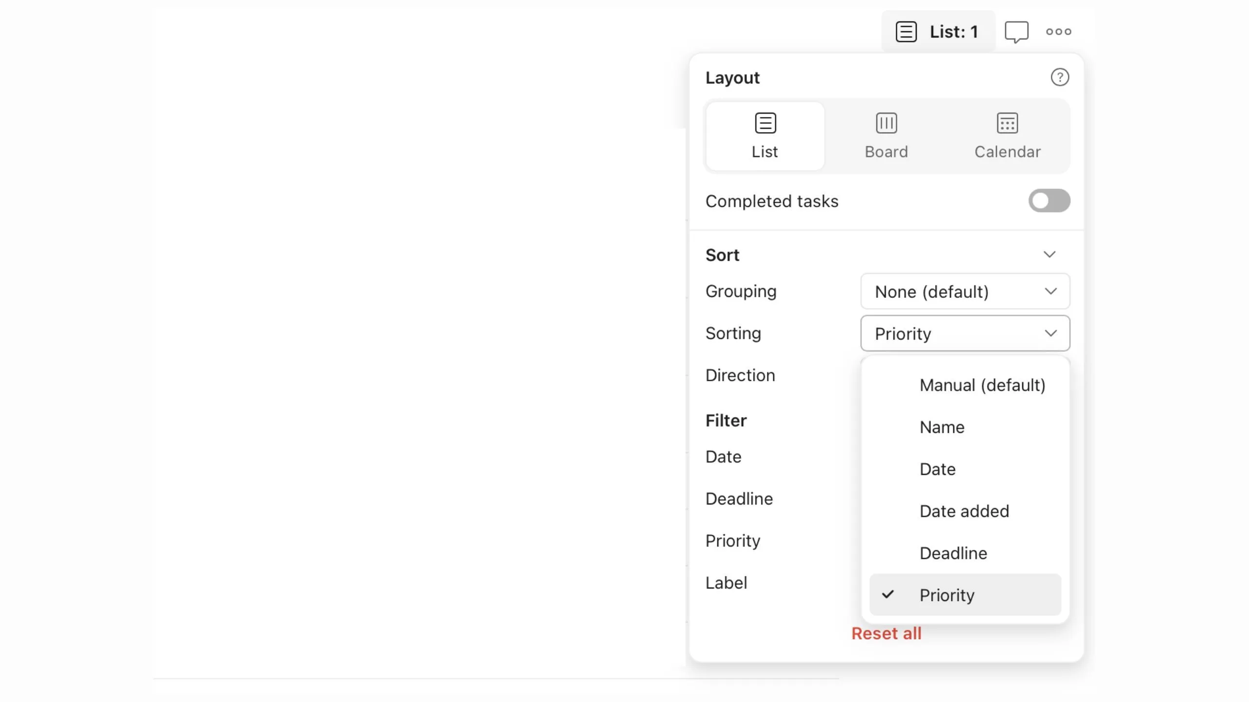 Giao diện Todoist hiển thị tính năng sắp xếp tác vụ theo độ ưu tiên