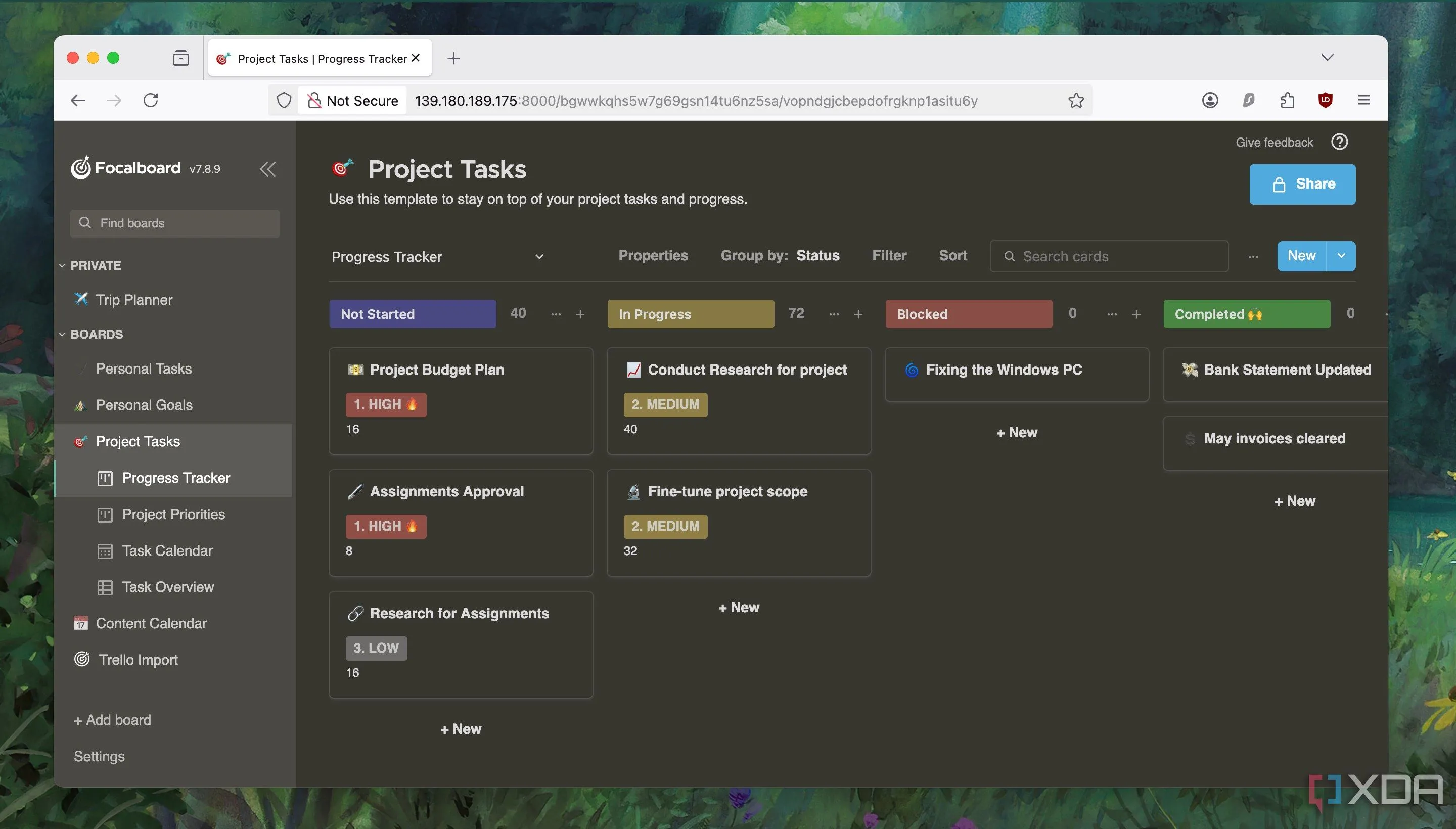 Giao diện tối (Dark Theme) của ứng dụng Focalboard