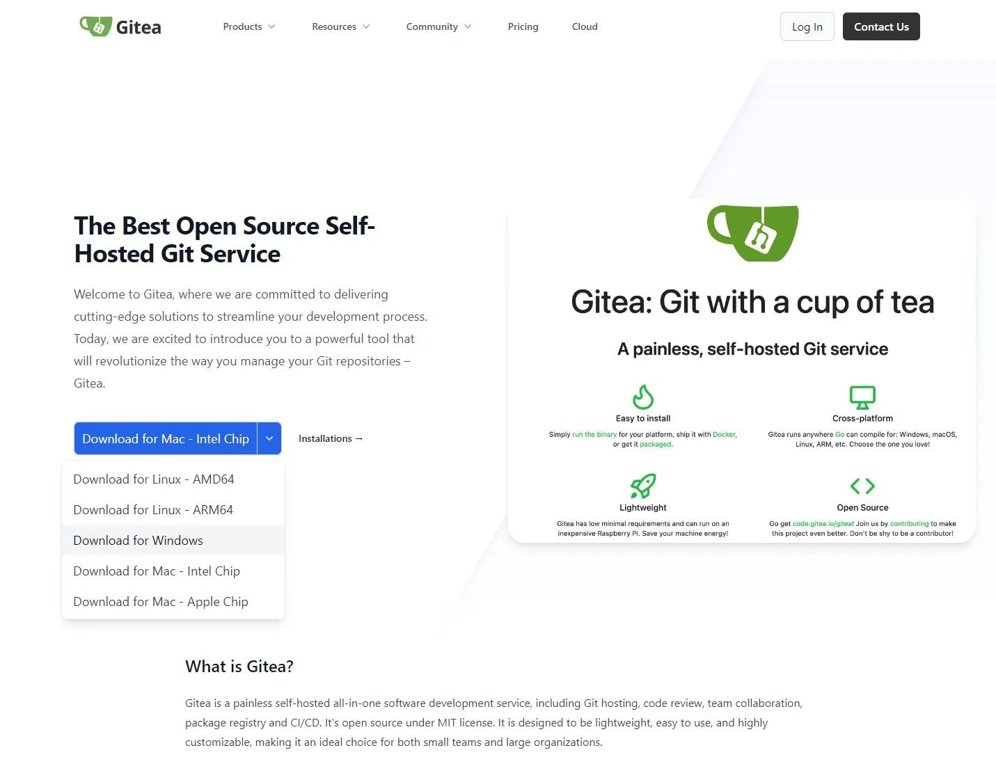 Giao diện trang web chính thức của Gitea với tùy chọn tải xuống