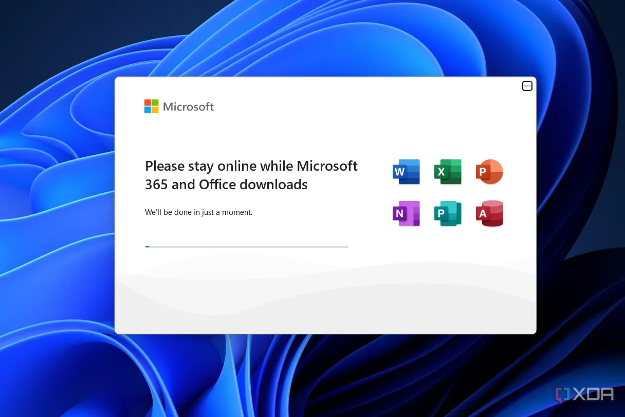 Giao diện trình cài đặt Microsoft 365 hiển thị các ứng dụng được cài đặt mặc định, không có tùy chọn lựa chọn