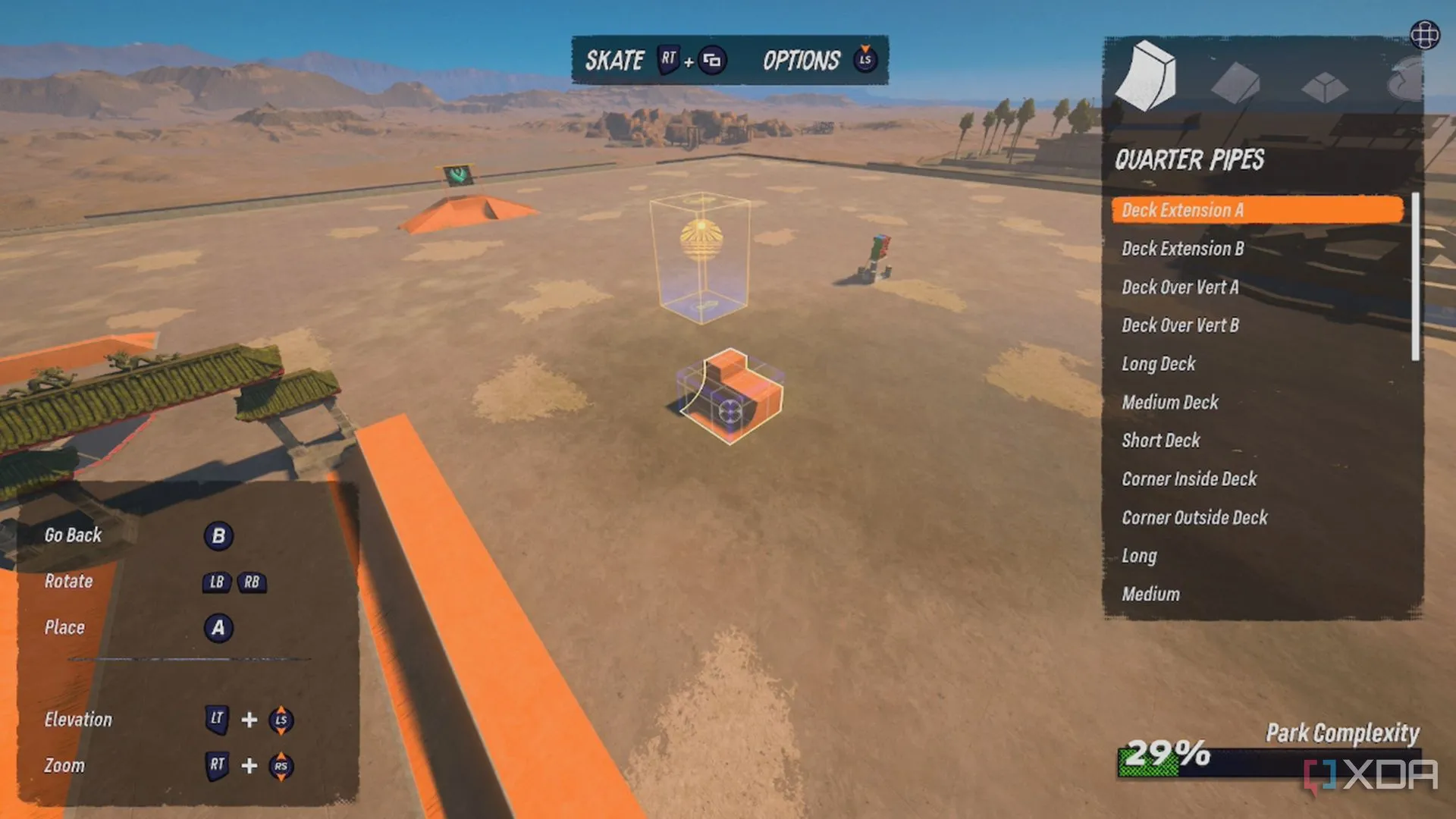 Giao diện trình chỉnh sửa Custom Park Editor trong Tony Hawk's Pro Skater 3+4, cho phép người chơi tự tạo màn chơi