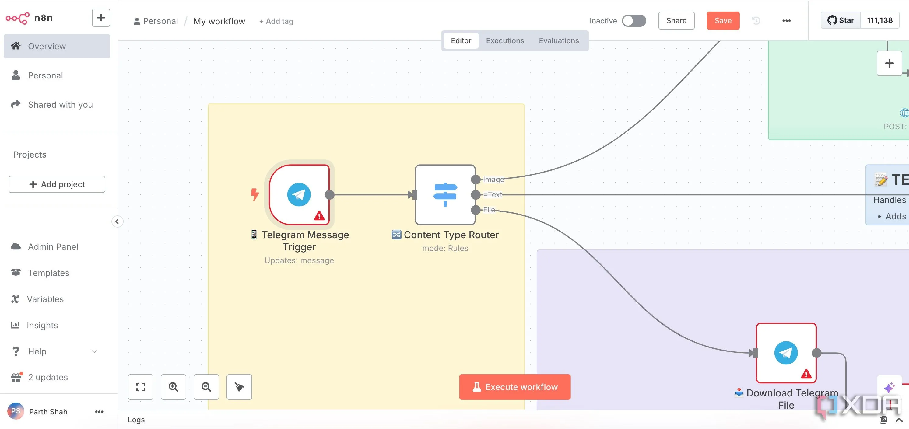 Giao diện trực quan của n8n với các nút workflow được kết nối