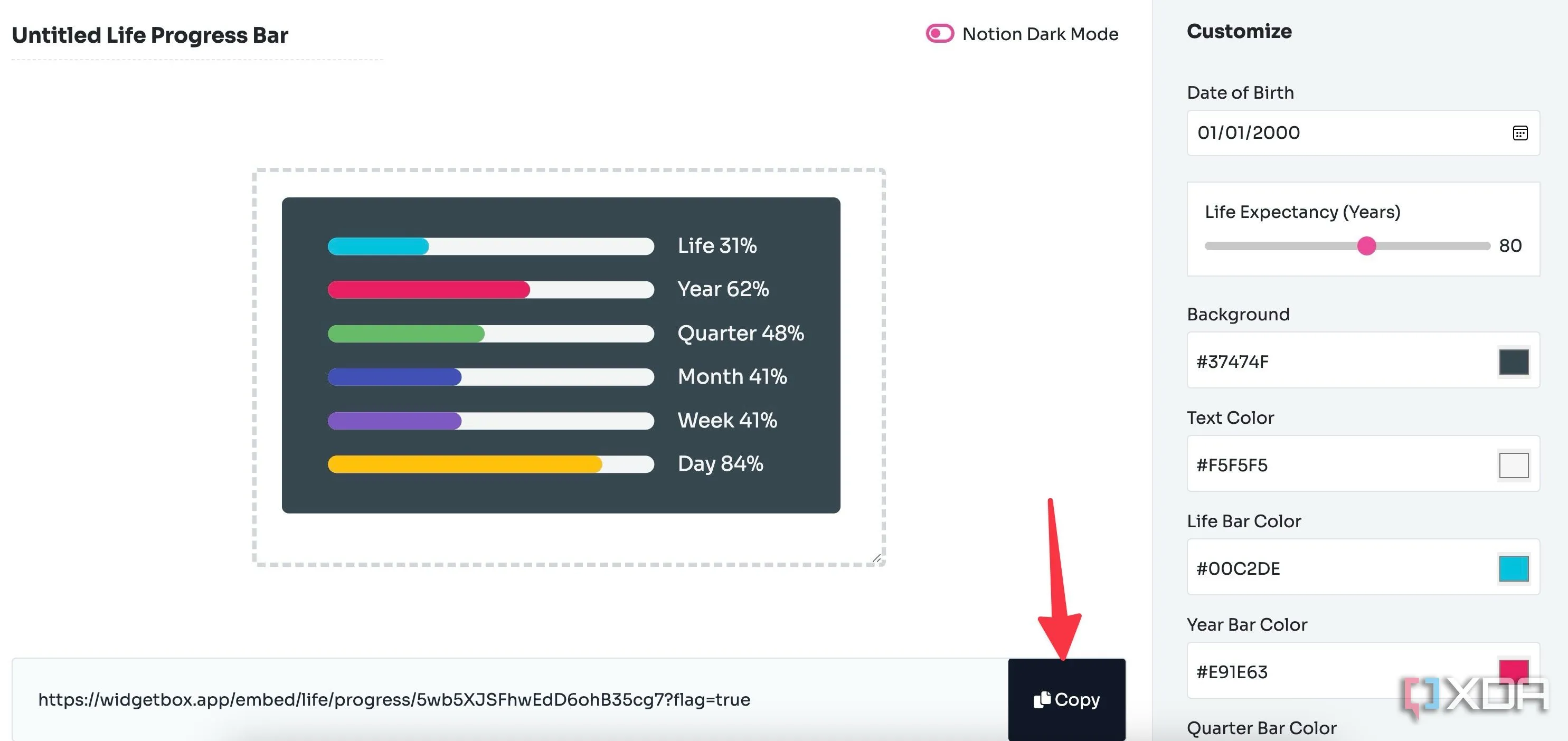 Giao diện tùy chỉnh widget và nút sao chép URL để nhúng vào Notion