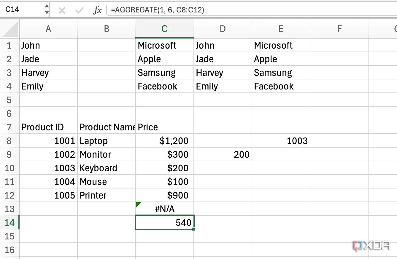 Giao diện tùy chọn hàm AGGREGATE trong Excel để thực hiện nhiều phép tính bỏ qua lỗi