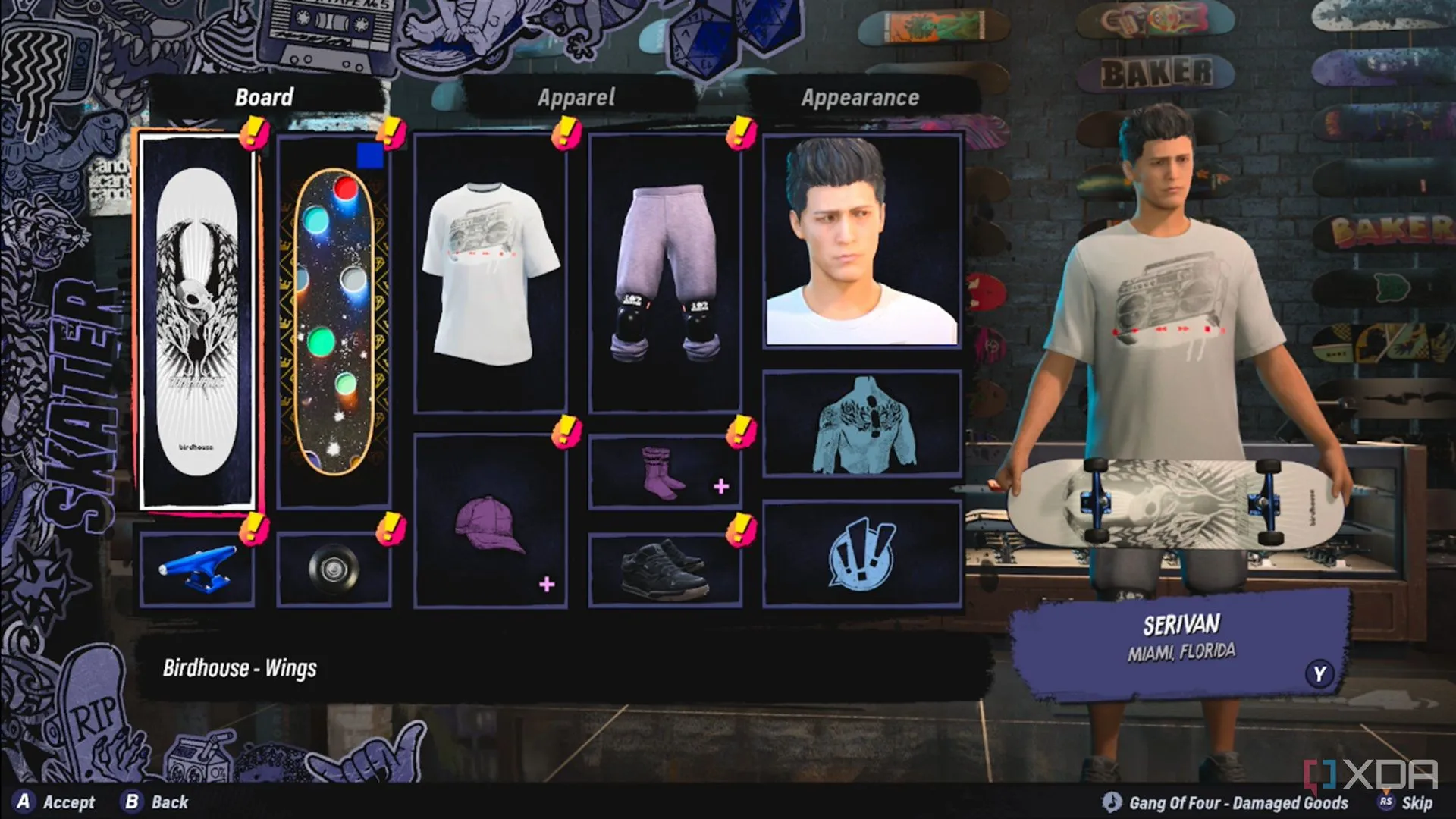 Giao diện tùy chọn tạo nhân vật Create-A-Skater trong Tony Hawk's Pro Skater 3+4, hiển thị các lựa chọn tùy chỉnh