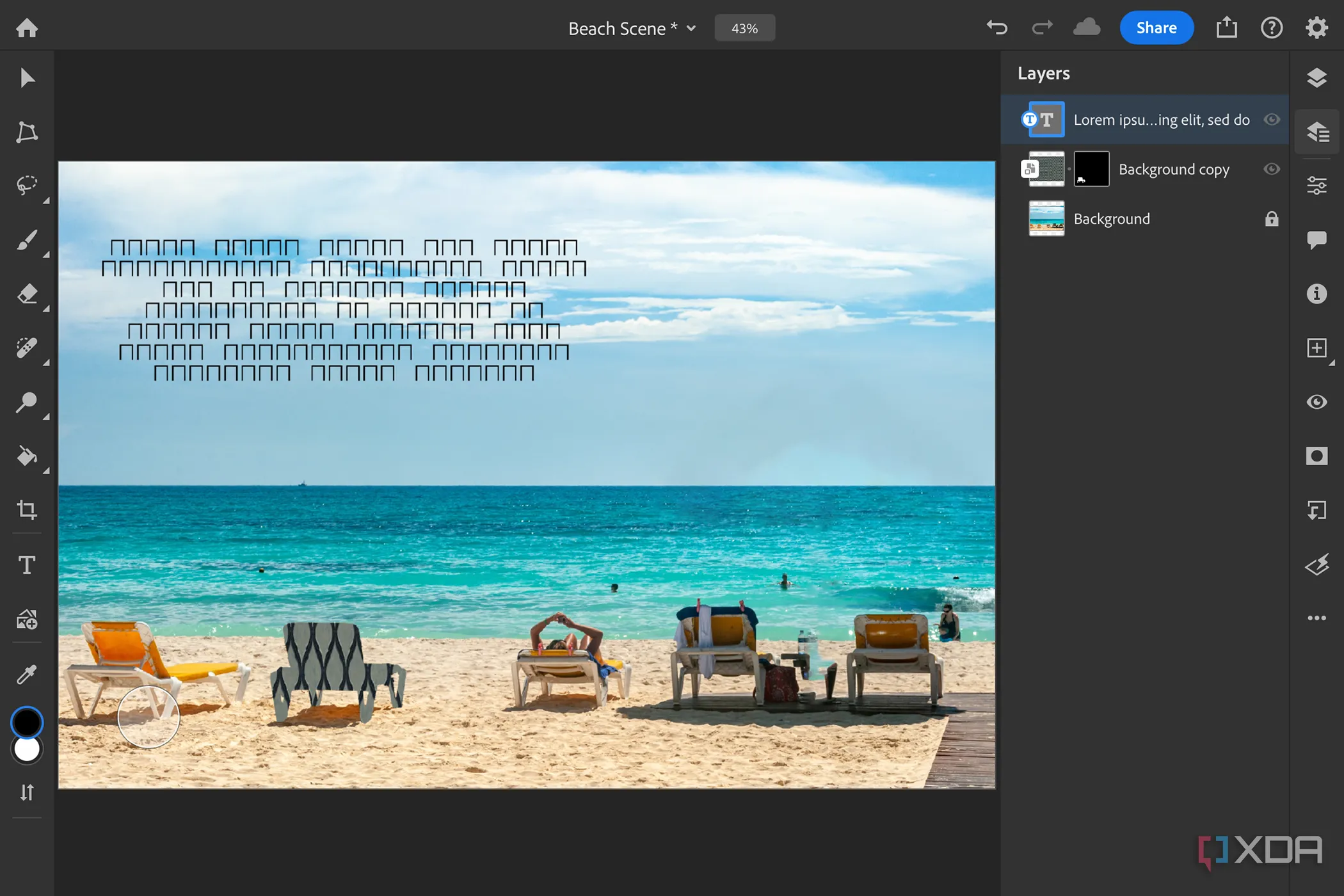 Giao diện ứng dụng Adobe Photoshop trên iPad, minh họa các công cụ chỉnh sửa hình ảnh