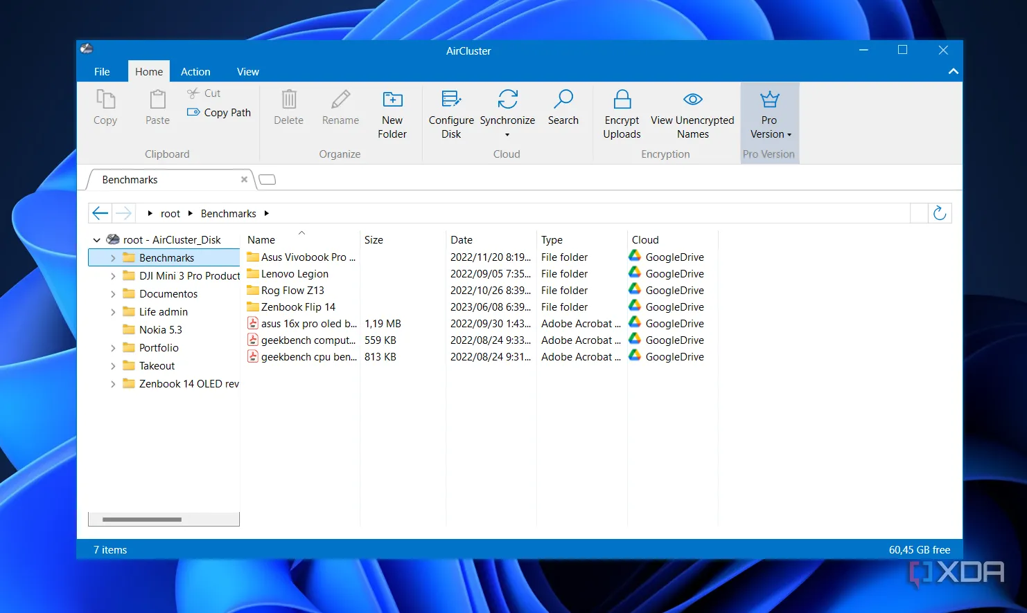 Giao diện ứng dụng Aircluster trên Windows, hiển thị các tệp tin từ tài khoản Google Drive đã được liên kết