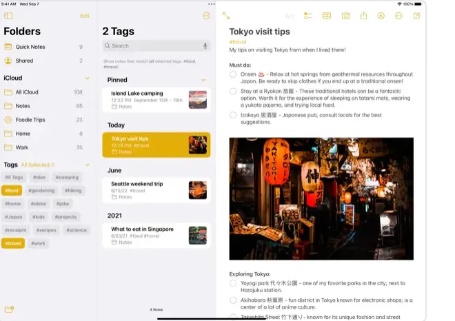 Giao diện ứng dụng Apple Notes trên iPad