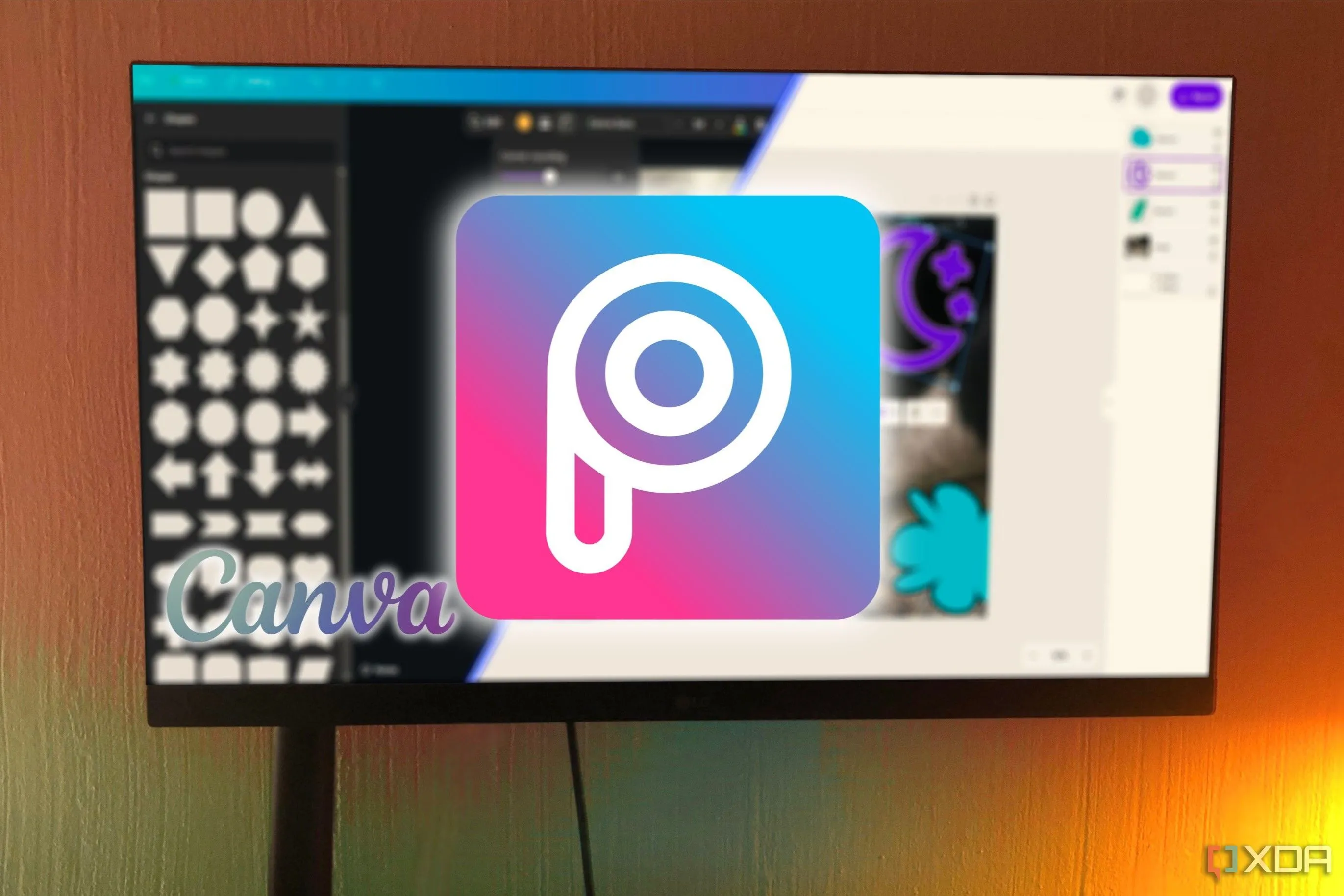 Giao diện ứng dụng Picsart được hiển thị trên máy tính, với logo Picsart nổi bật hơn Canva