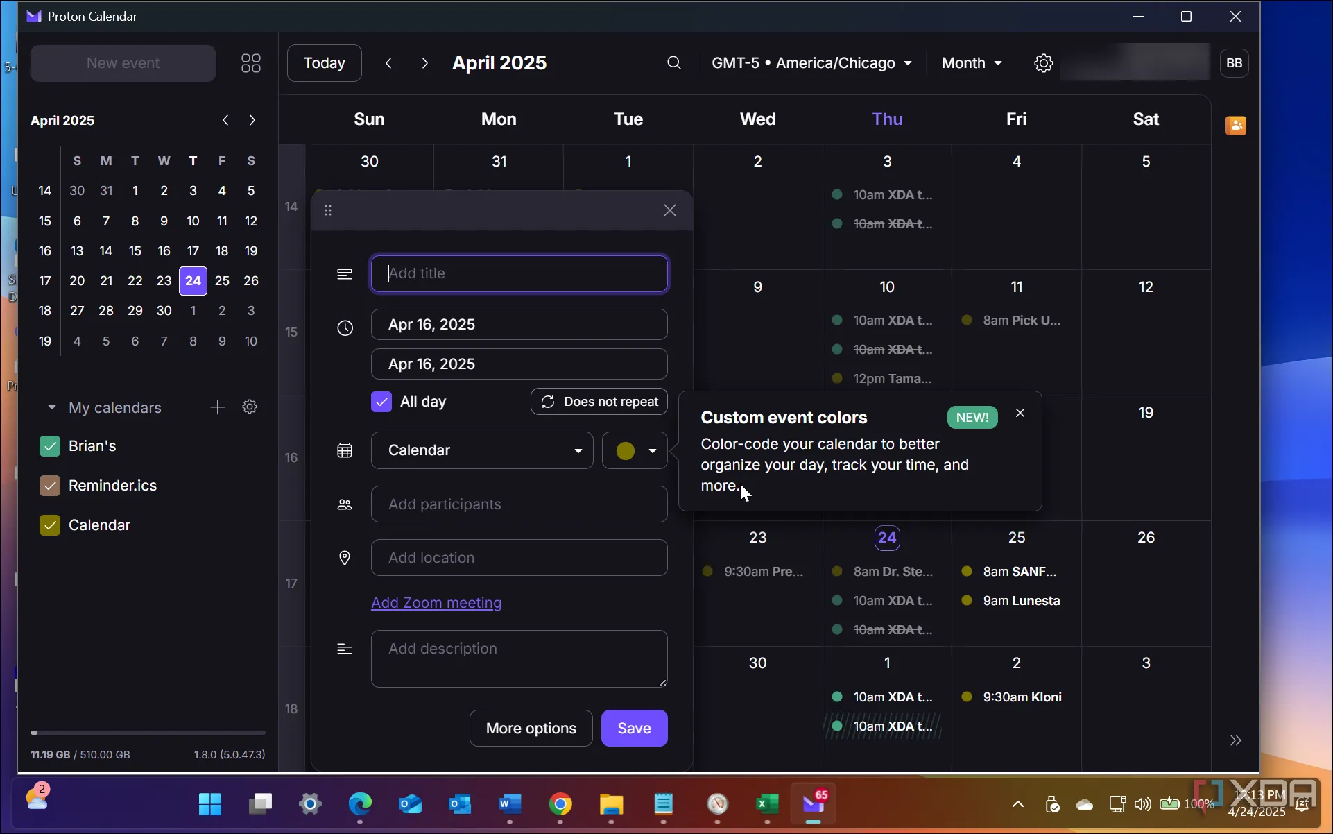 Giao diện ứng dụng Proton Calendar trên Windows, thể hiện tính năng quản lý lịch bảo mật của Proton