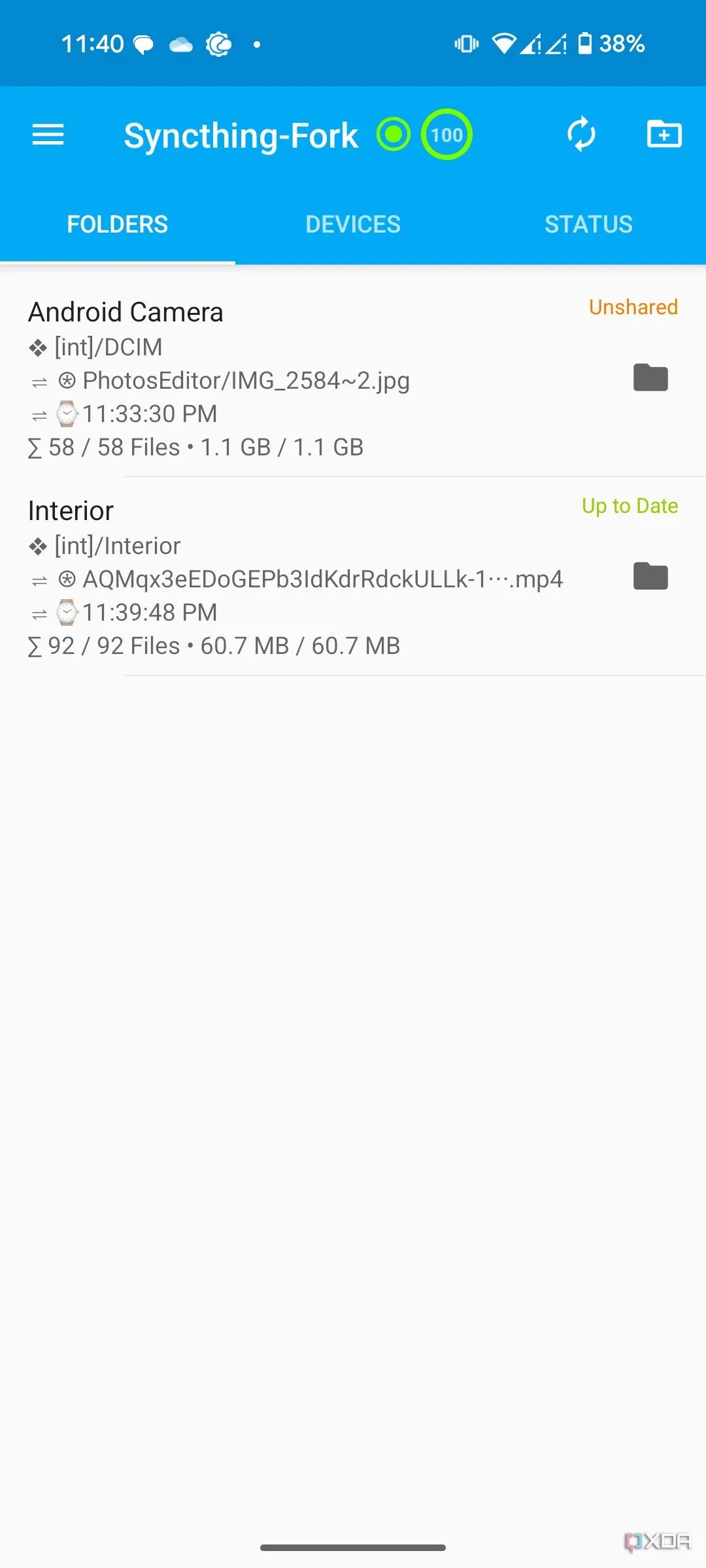 Giao diện ứng dụng Syncthing-Fork trên điện thoại Android, minh họa khả năng đồng bộ file giữa các thiết bị di động.
