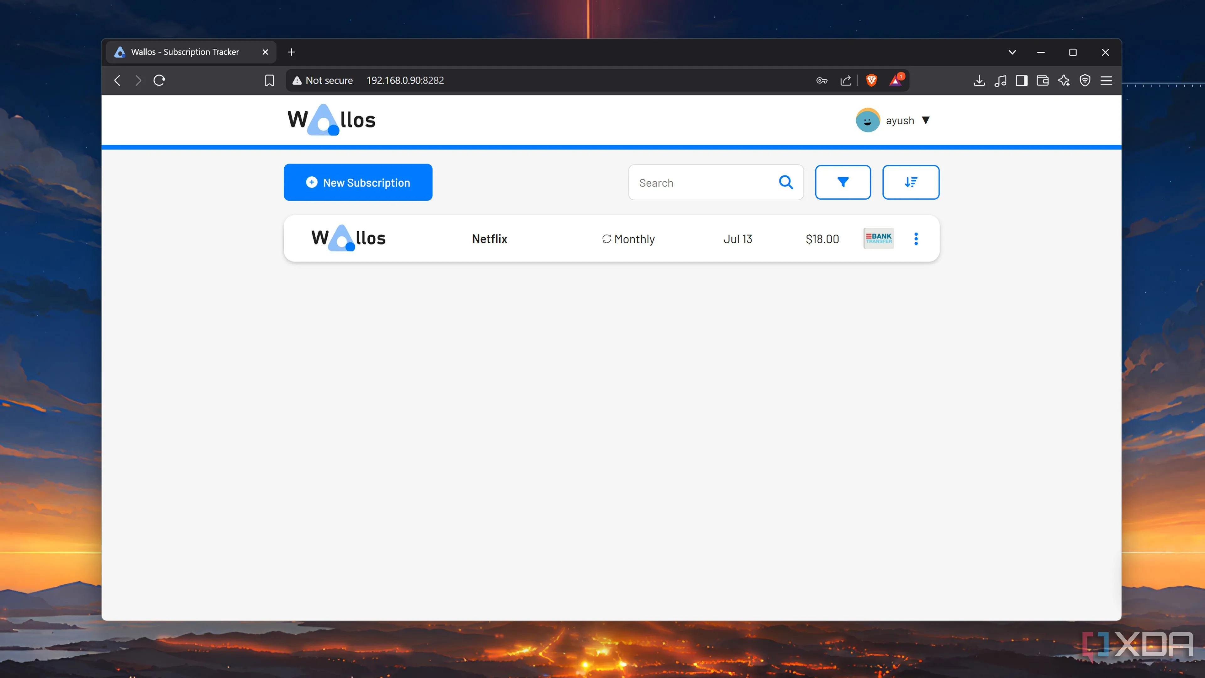 Giao diện ứng dụng Wallos tự host theo dõi đăng ký dịch vụ