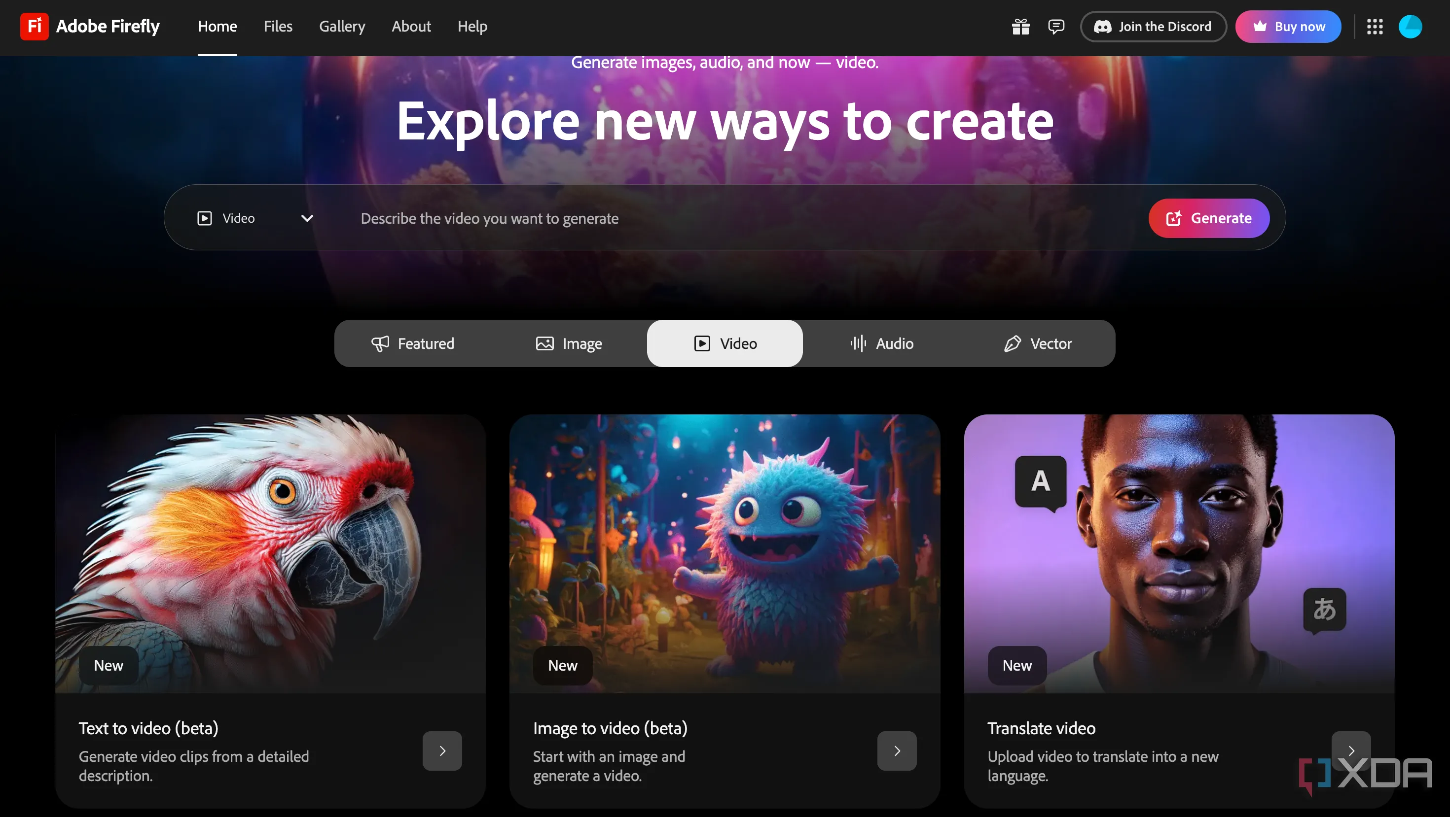 Giao diện ứng dụng web Adobe Firefly hiển thị các tùy chọn tạo nội dung AI