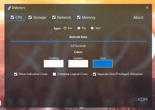 Giao diện ứng dụng XMeters hiển thị thông số CPU trên thanh taskbar Windows