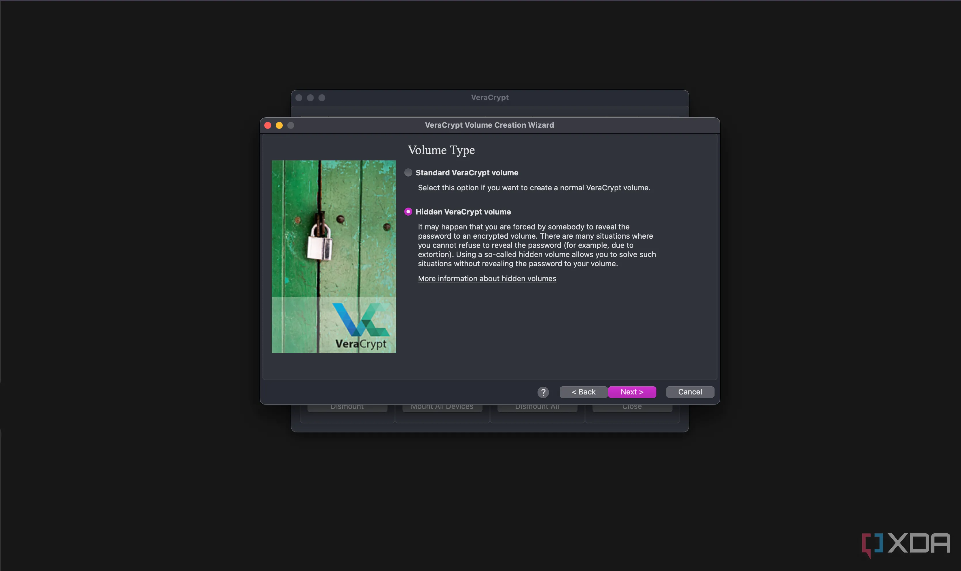 Giao diện VeraCrypt minh họa tùy chọn tạo Hidden volume, một tính năng bảo mật dữ liệu nâng cao