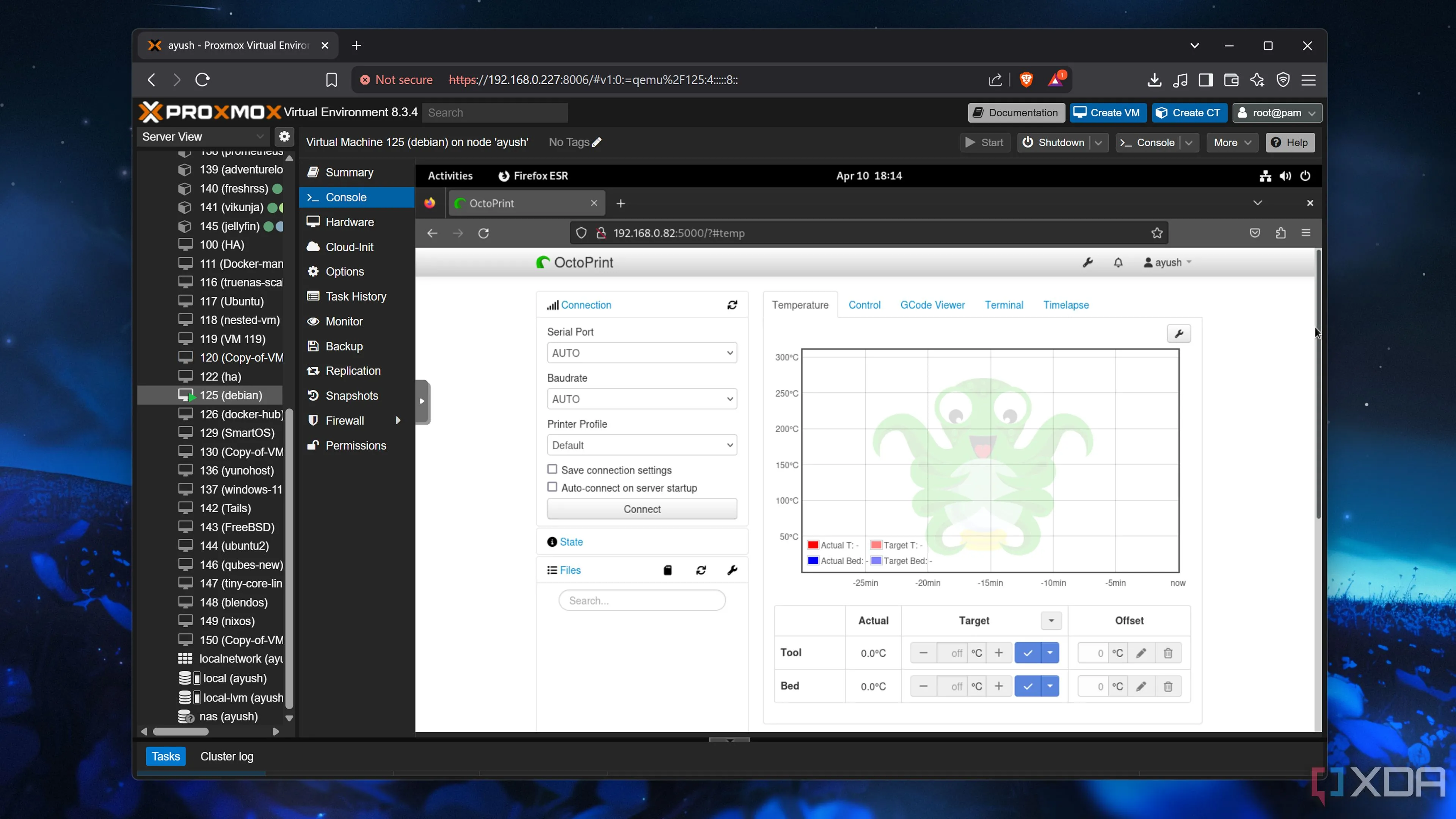 Giao diện web của OctoPrint đang chạy bên trong một máy ảo Proxmox, thể hiện khả năng linh hoạt
