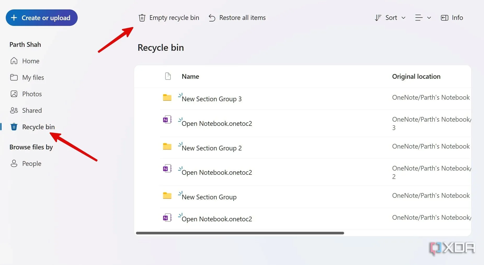 Giao diện web OneDrive, thanh điều hướng bên trái với mục &quot;Thùng rác&quot; (Recycle Bin) được đánh dấu