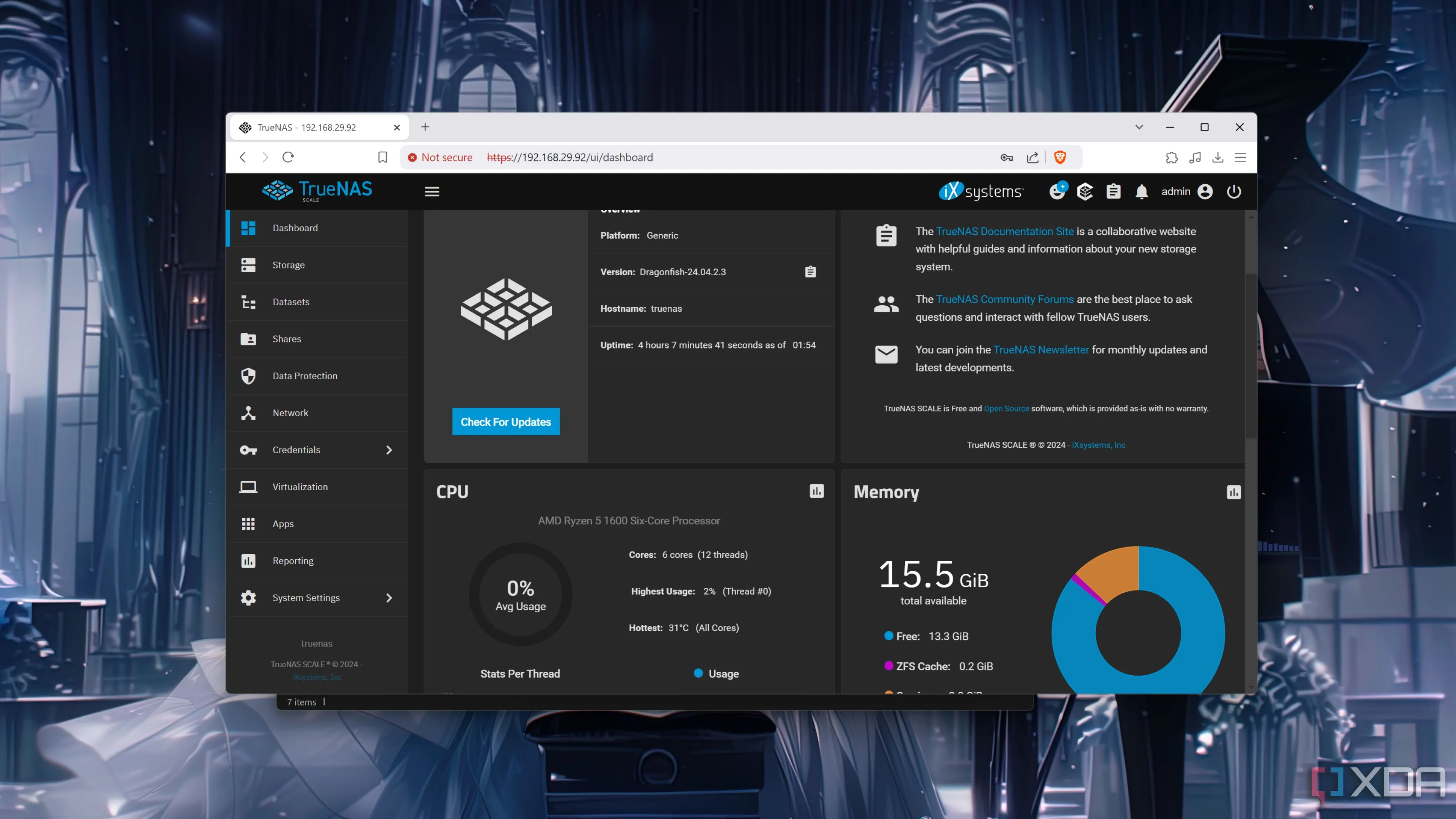 Giao diện web TrueNAS Scale đang chạy trên trình duyệt Brave để quản lý NAS ZFS