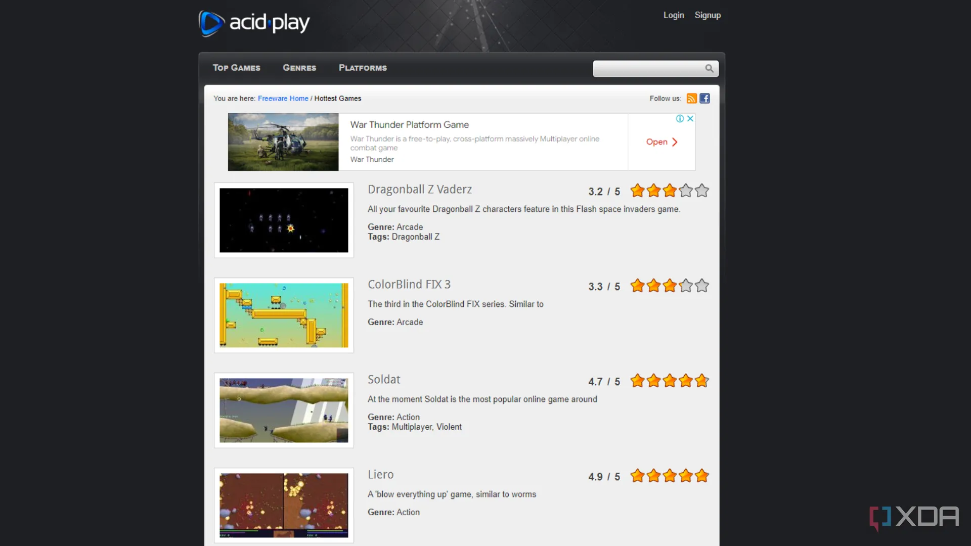 Giao diện website Acid Play, một nguồn tài nguyên phong phú cho các trò chơi indie và game cổ điển miễn phí.