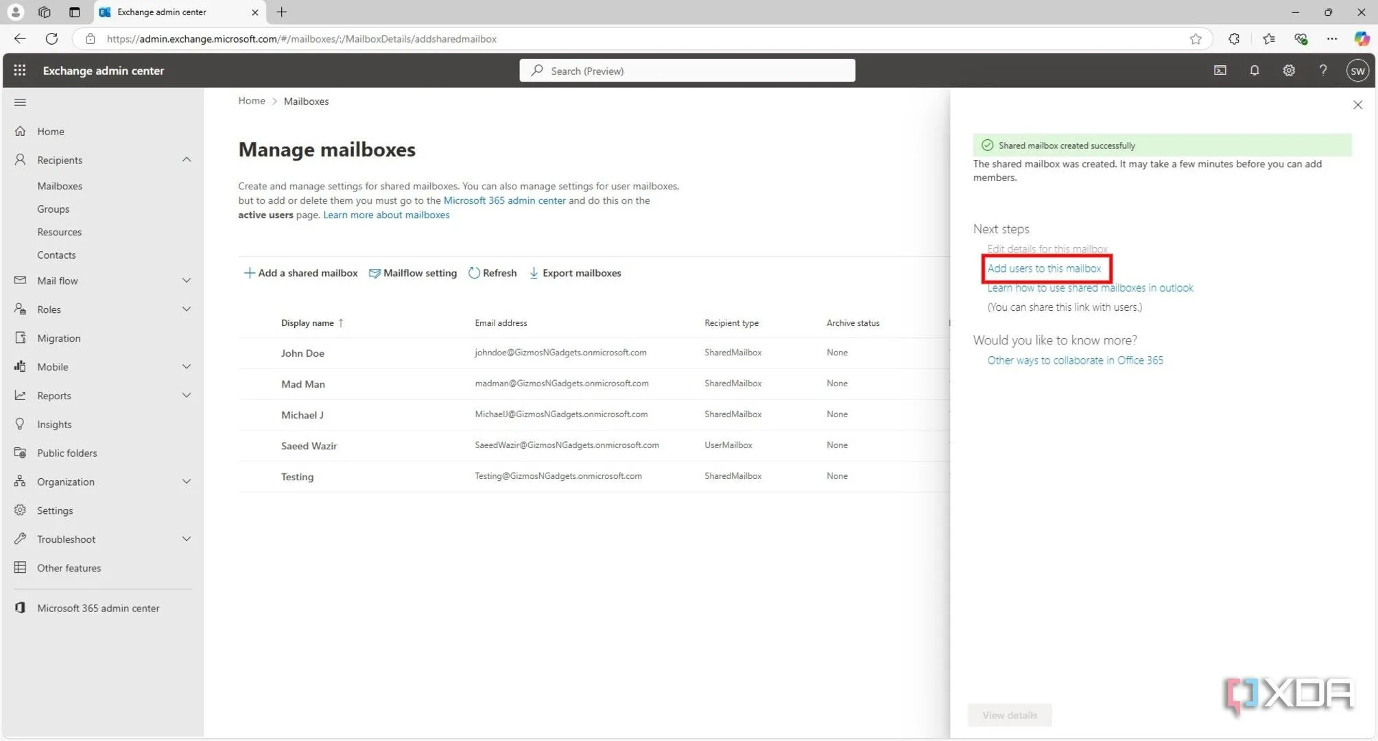 Giao diện xác nhận tạo hộp thư thành công và nút &quot;Add users to this mailbox&quot; để thêm thành viên