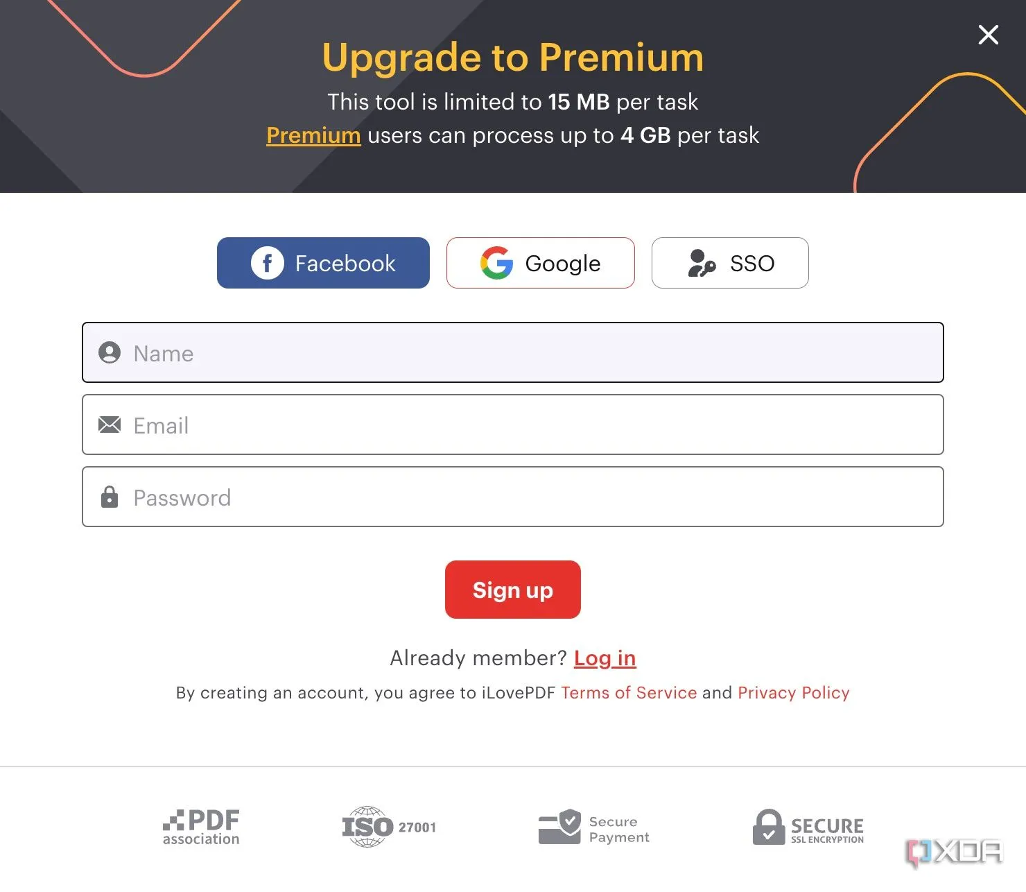 Giao diện yêu cầu đăng ký gói Premium trên ilovepdf, minh họa các hạn chế của công cụ PDF miễn phí