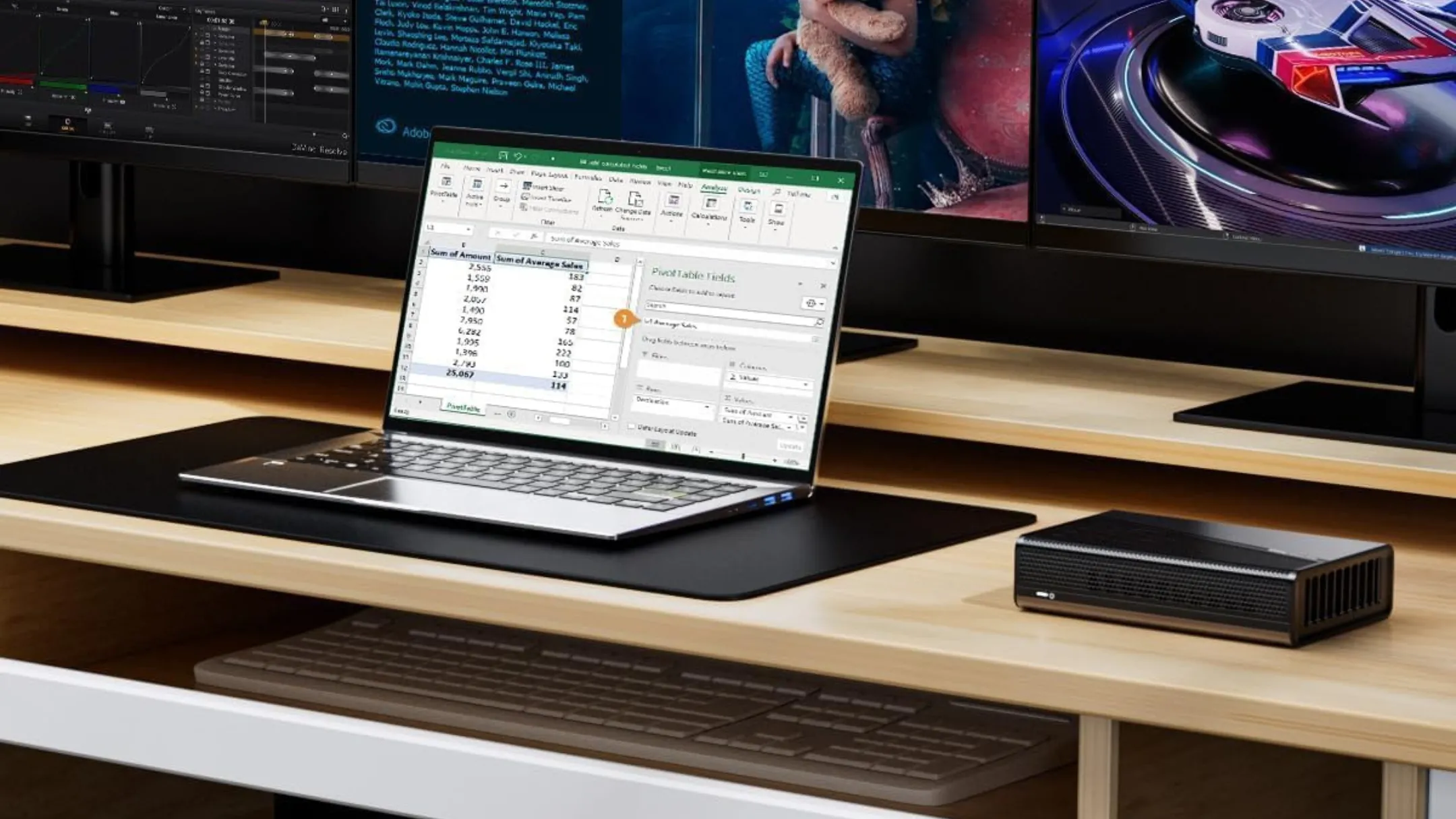 GMKtec AD-GP1 External GPU Docking Station được đặt trên bàn làm việc, kết nối với laptop qua cáp Thunderbolt