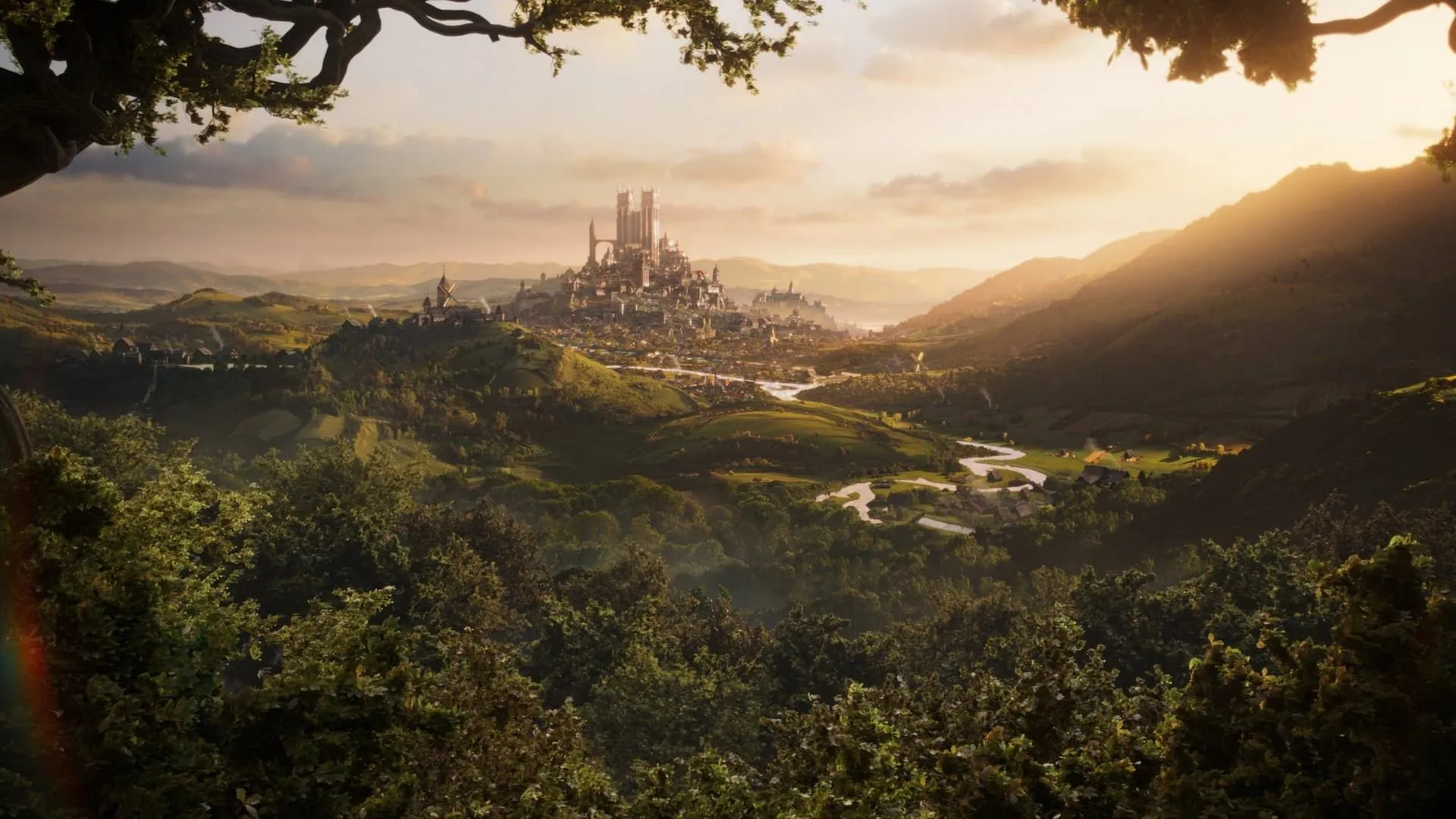Góc nhìn rộng cảnh thành phố Albion từ xa trong game Fable làm lại, với Bowerstone ở phía sau.