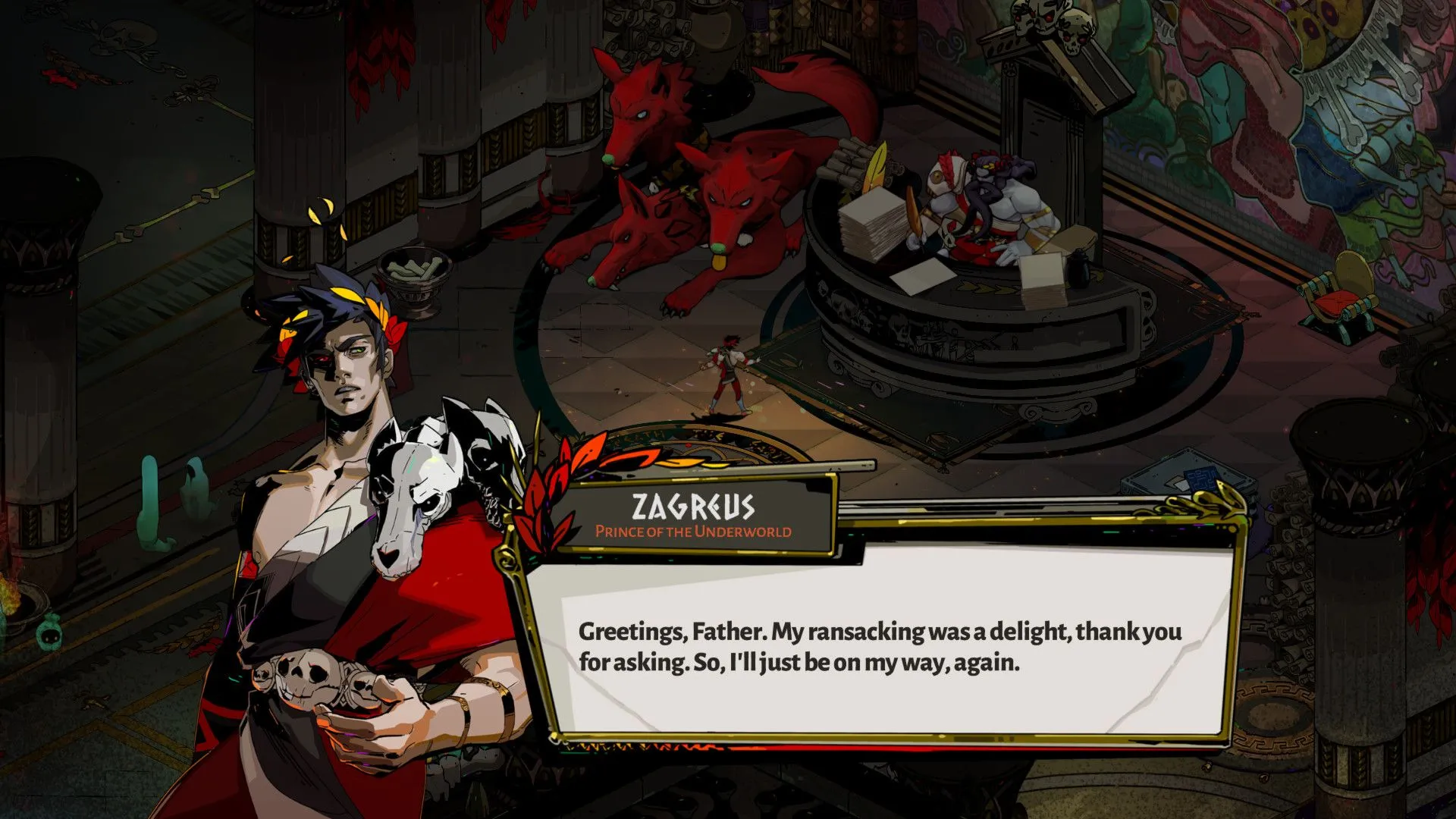 Hades: Zagreus đối thoại với nữ thần Athena, thể hiện yếu tố cốt truyện trong game