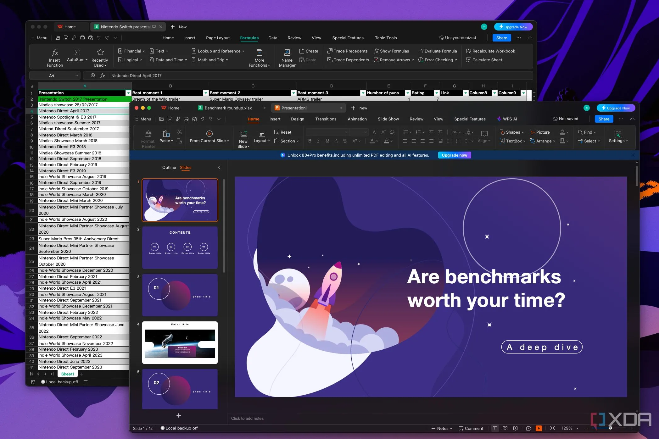 Hai cửa sổ WPS Office hiển thị tính năng Workspaces và giao diện theo tab