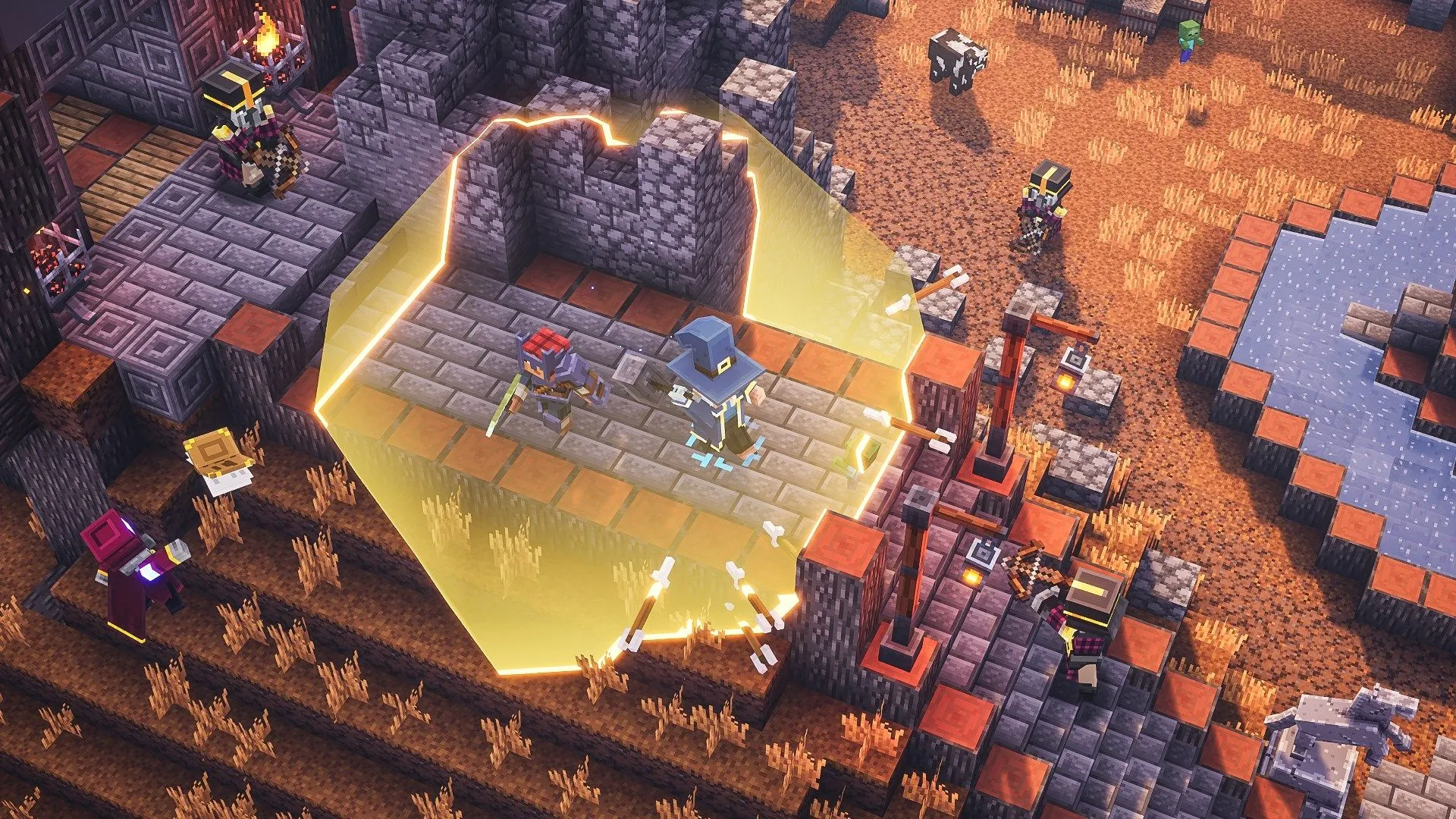 Hai người chơi cùng nhau khám phá một dungeon trong game Minecraft Dungeons, thể hiện lối chơi co-op hành động.
