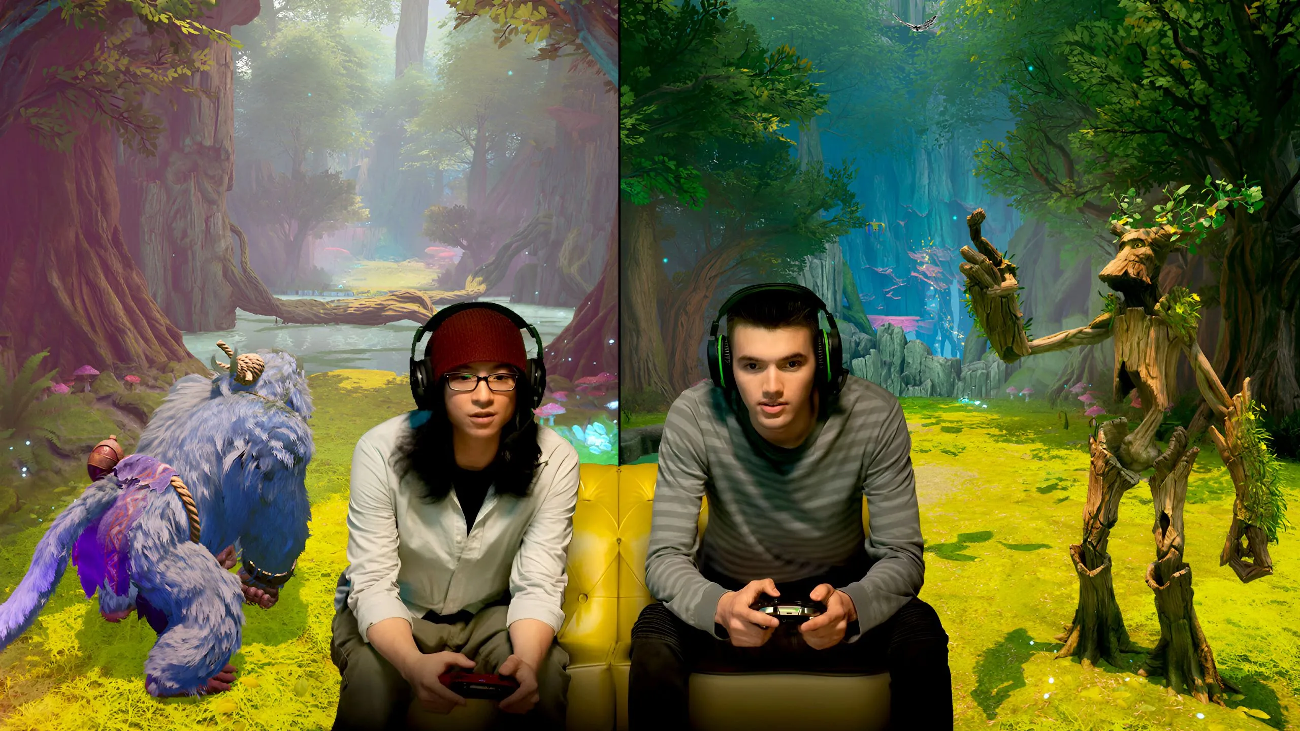 Hai người chơi game cùng nhau trên ghế sofa, gợi nhắc sự trở lại của các tựa game co-op local và giá trị của việc chơi cùng bạn bè trong FBC Firebreak