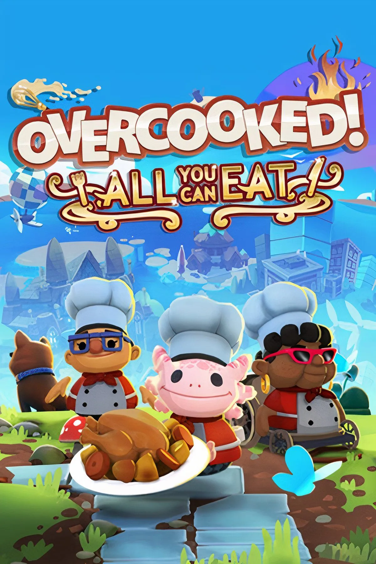 Hai nhân vật đầu bếp trong Overcooked All You Can Eat đang hối hả chuẩn bị món ăn trong một nhà bếp kỳ quái