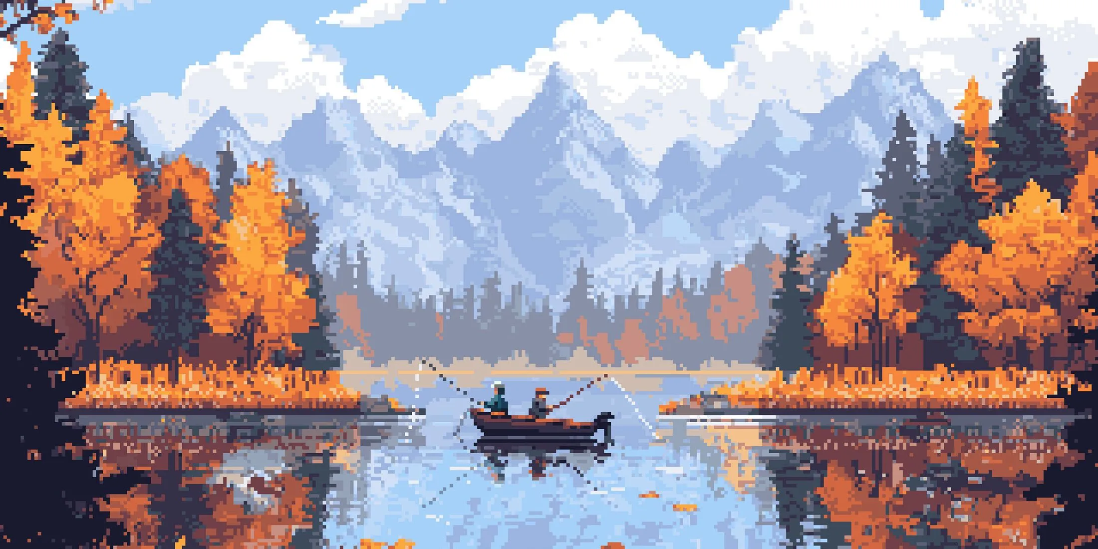 Hai nhân vật hoạt hình đang câu cá trên thuyền trong game Cast n Chill
