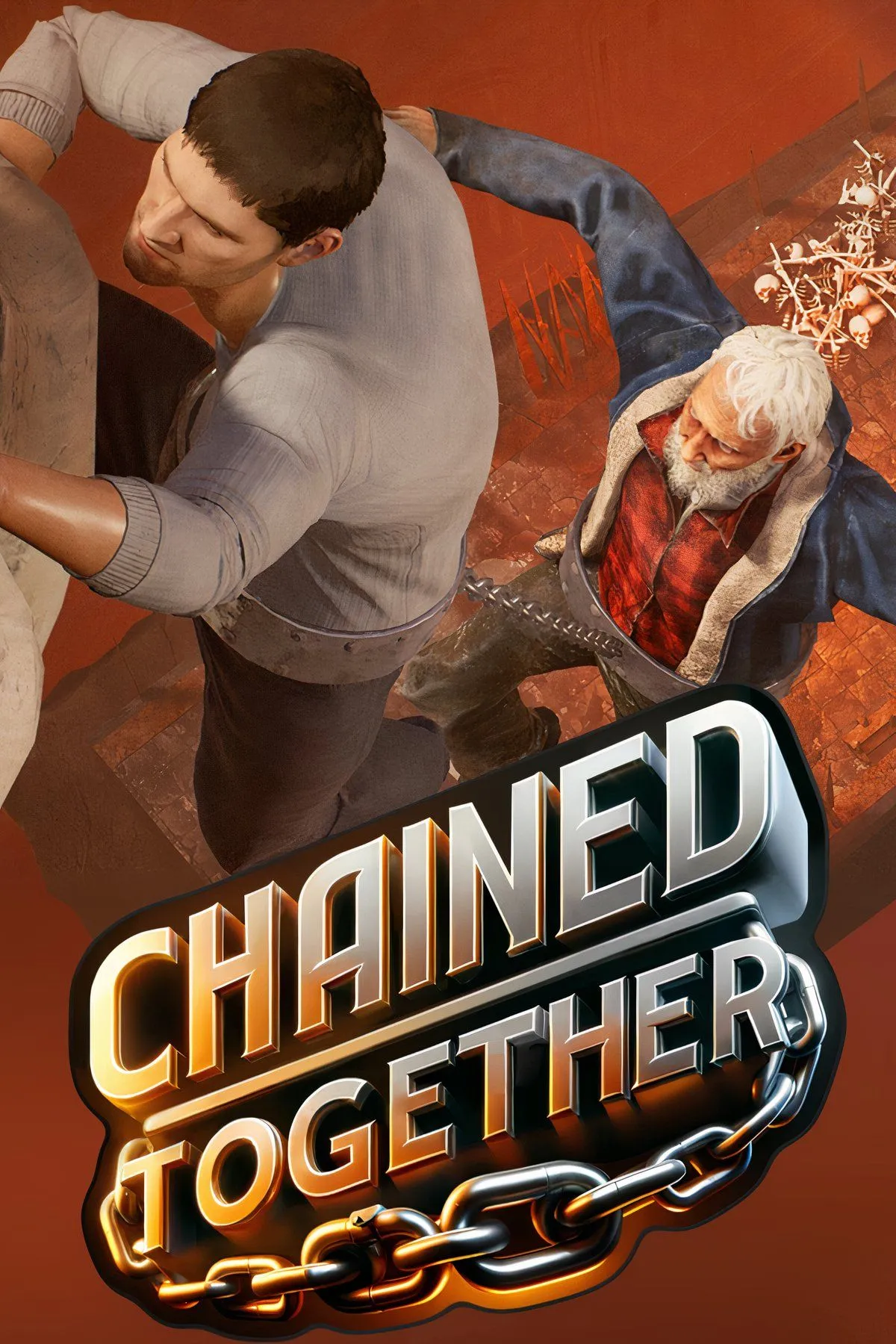Hai nhân vật trong game Chained Together bị xích cùng nhau trên một nền tảng
