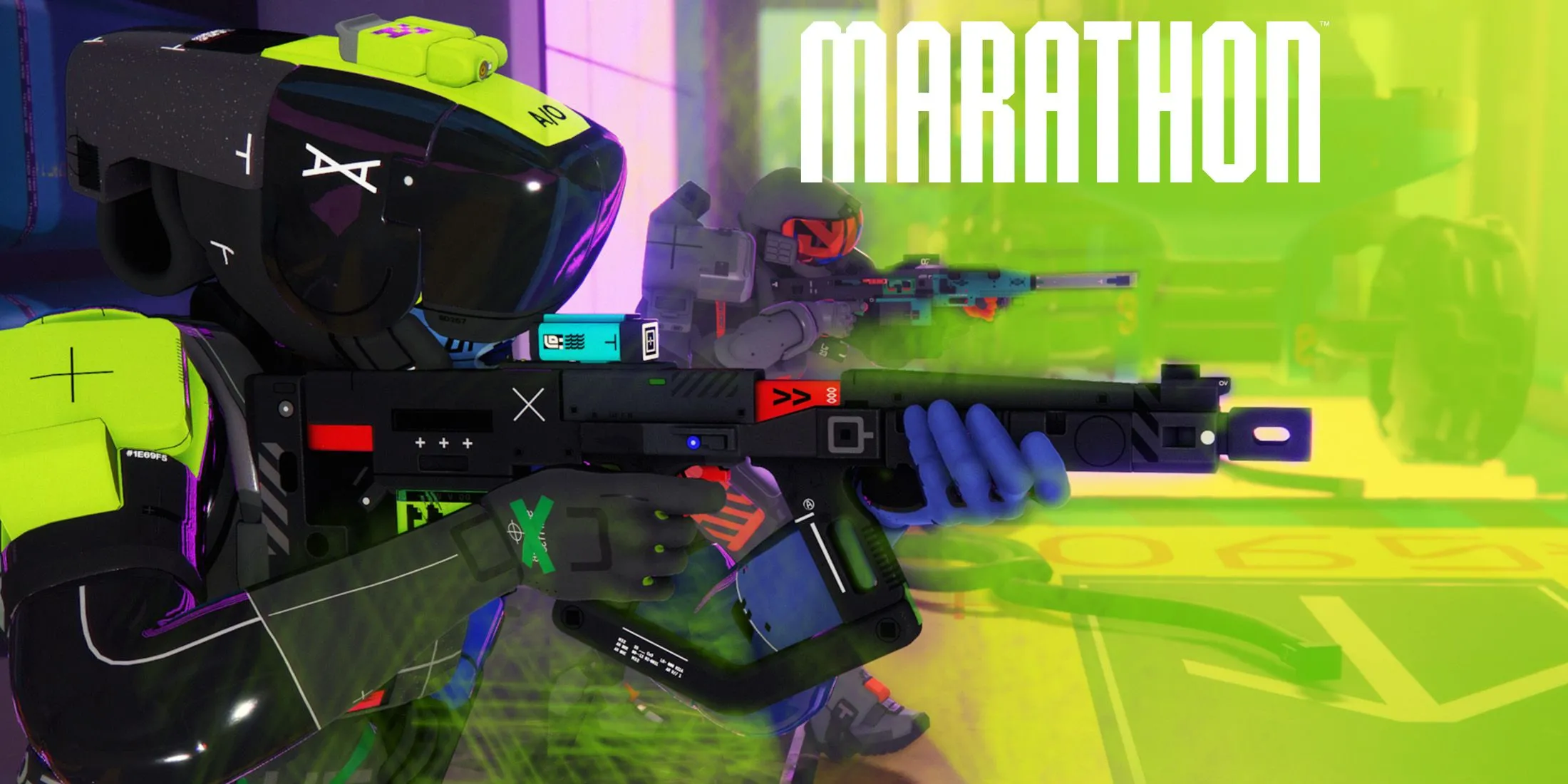 Hai nhân vật trong Marathon cầm súng trường tấn công, tạo dáng quảng bá game với logo Bungie.