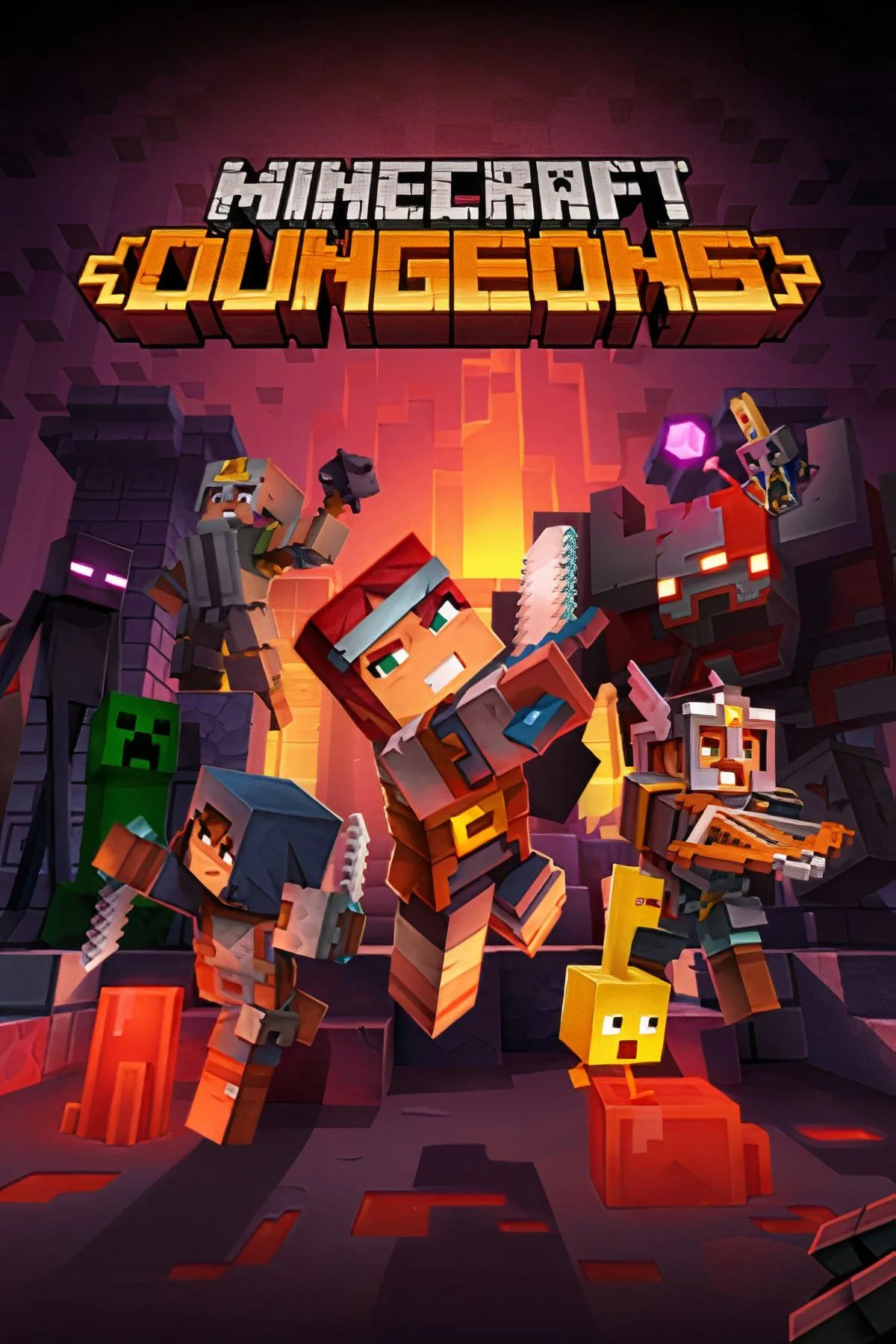 Hai nhân vật trong Minecraft Dungeons đang chiến đấu với quái vật trong một hang động đầy màu sắc