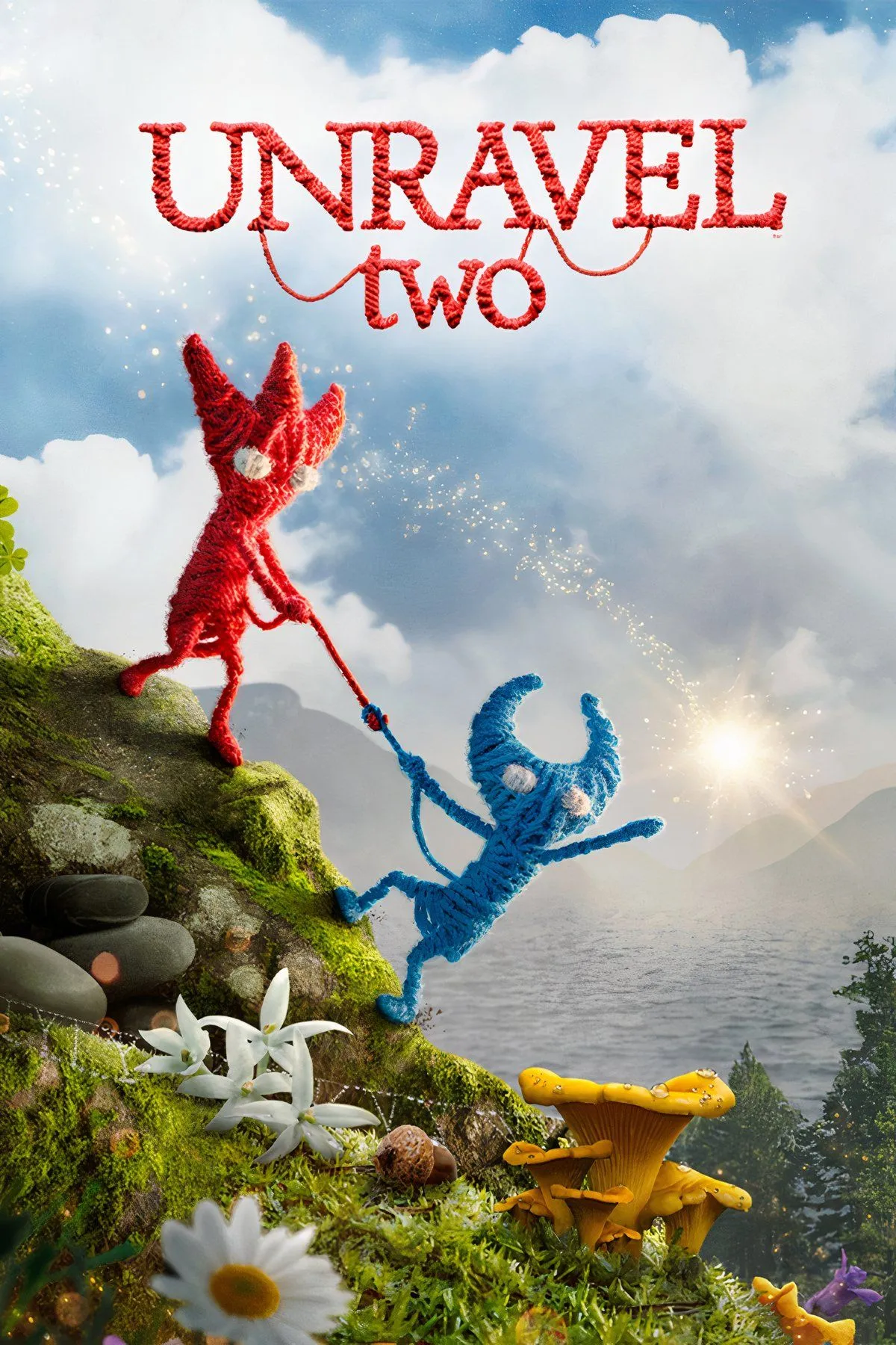 Hai nhân vật Yarny đỏ và xanh trong Unravel Two đang vượt qua một môi trường đầy thử thách