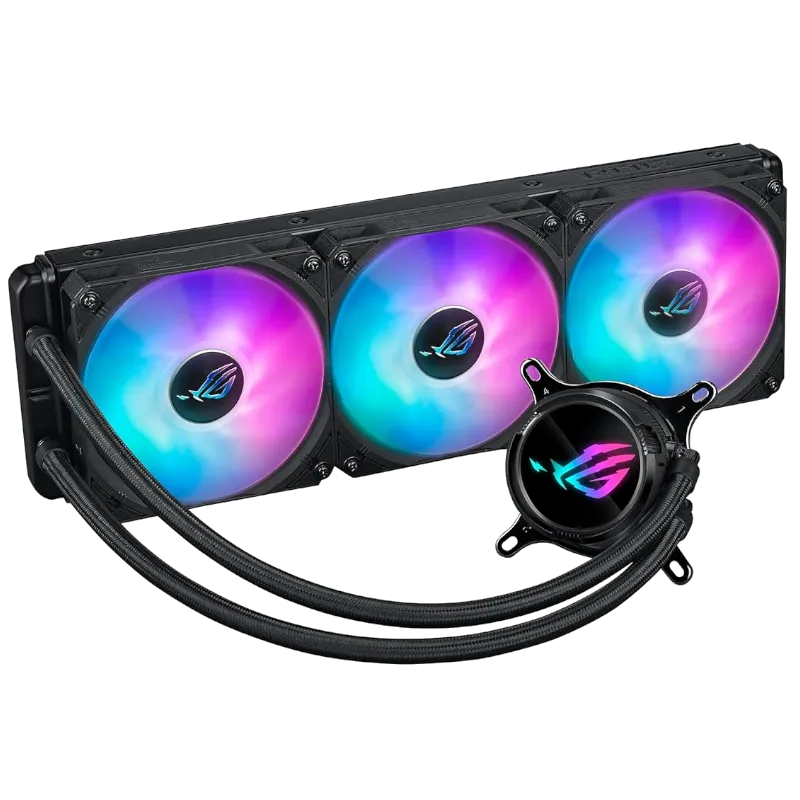 Hệ thống tản nhiệt nước AIO Asus ROG Strix LC III 360 ARGB với ba quạt, được thiết kế để làm mát CPU hiệu năng cao.