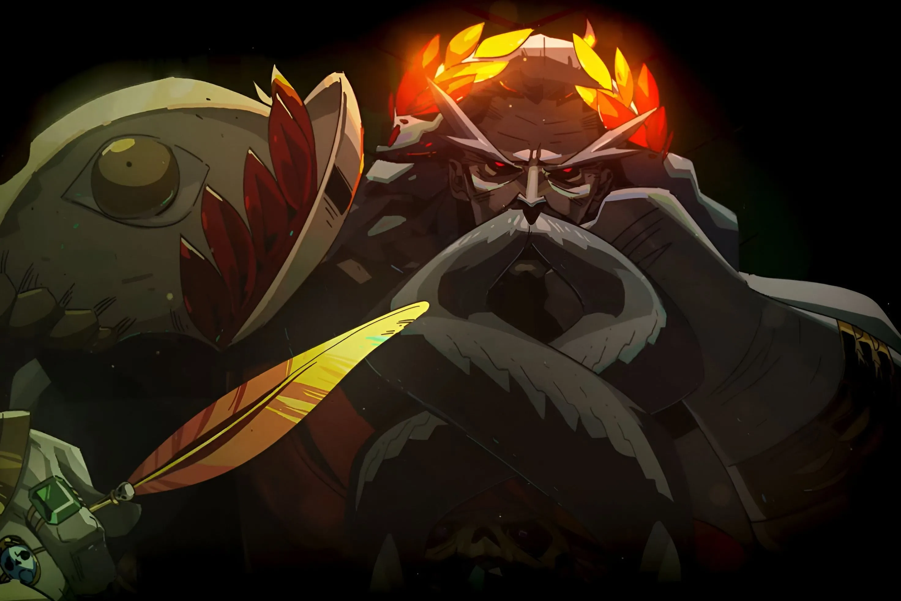 Hình ảnh 2D của Hades, từ game Hades, cầm một cây bút lông vàng.