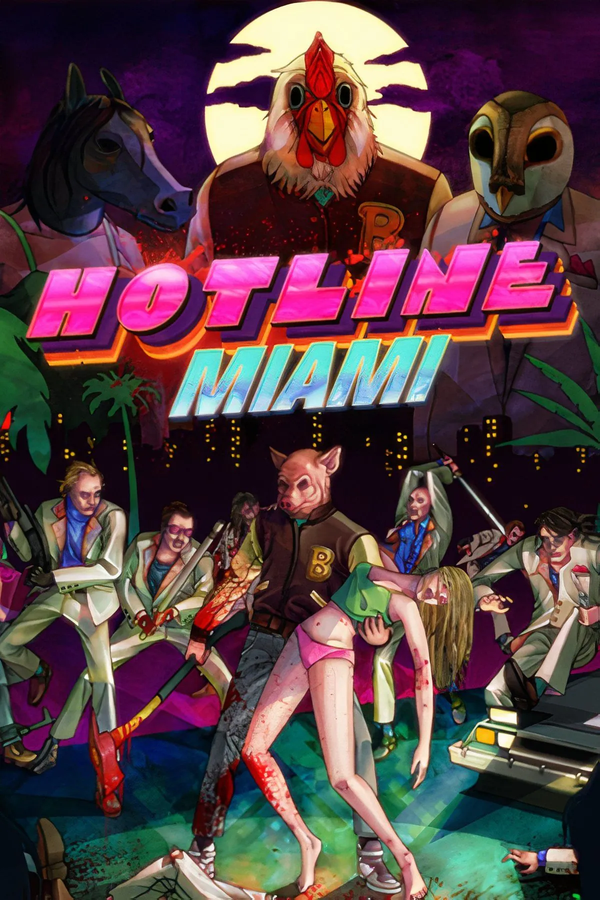 Hình ảnh bạo lực, màu sắc neon đặc trưng của Hotline Miami với một nhân vật đeo mặt nạ động vật