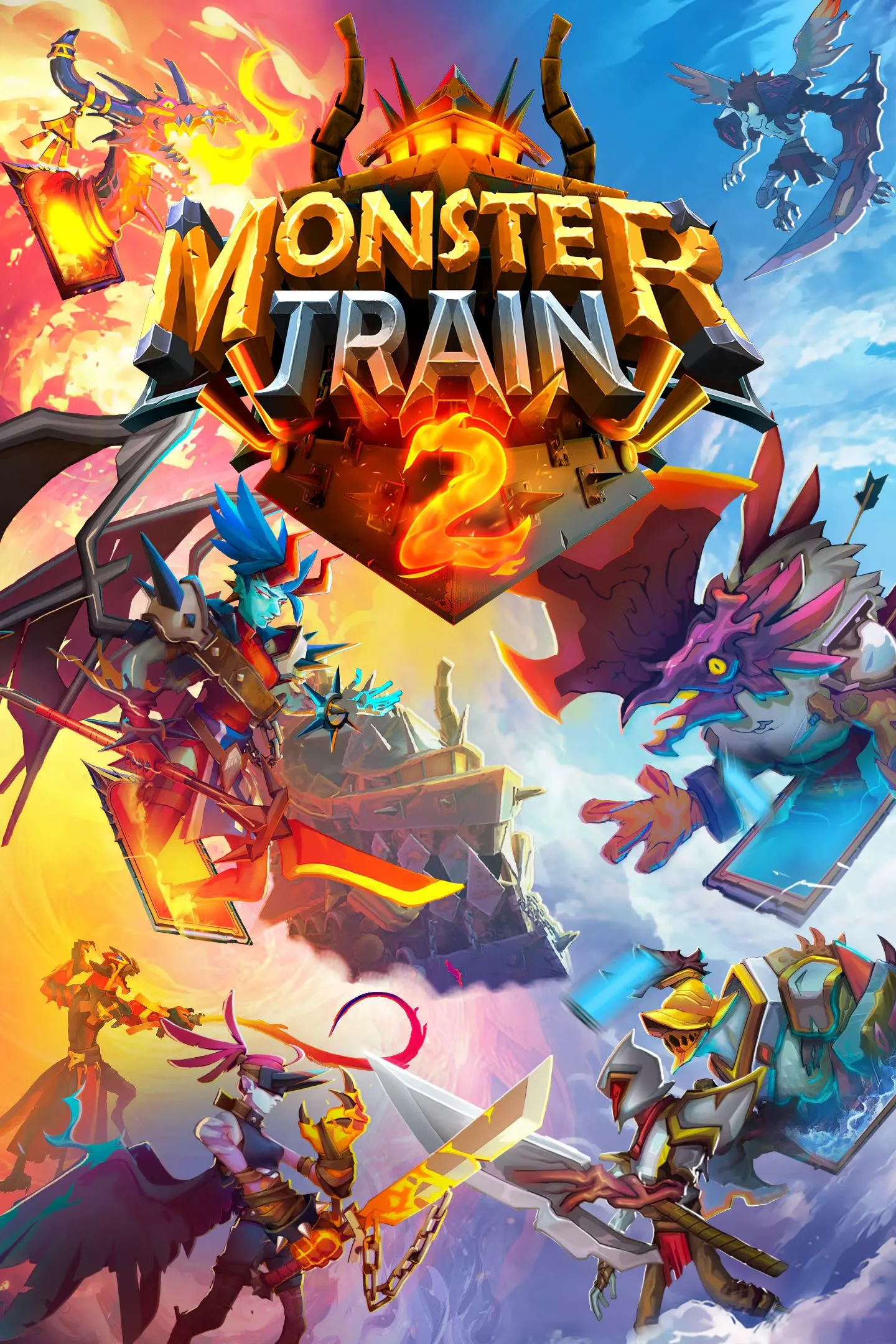 Hình ảnh bìa của Monster Train 2 hiển thị các nhân vật quái vật trên một chuyến tàu