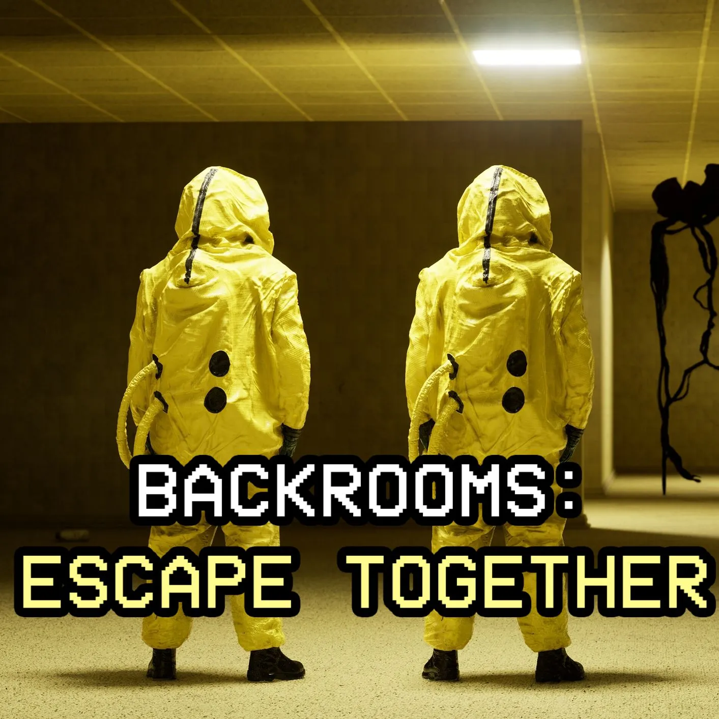 Hình ảnh bìa game Backrooms Escape Together với môi trường mê cung kinh dị và ánh đèn tối tăm