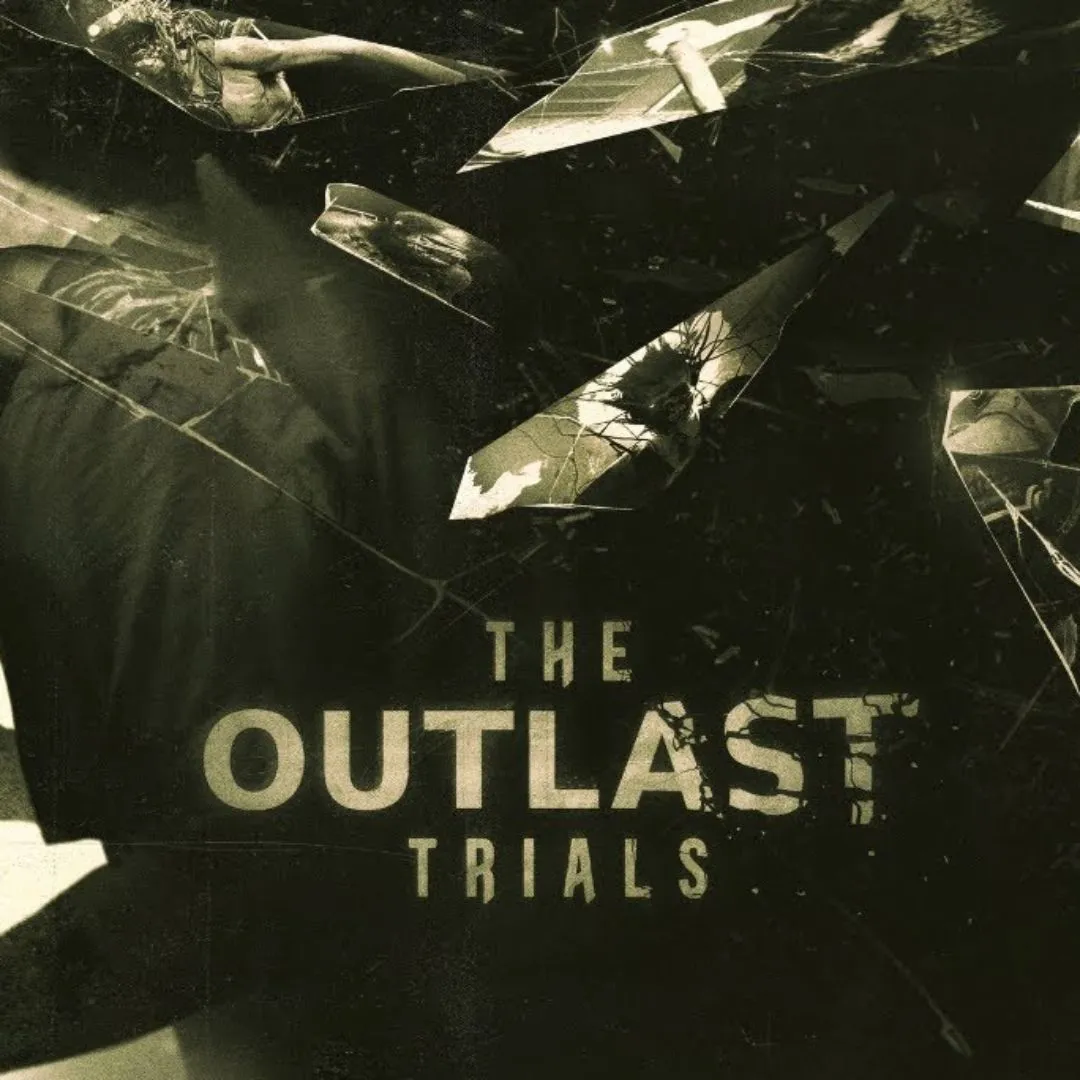 Hình ảnh bìa game The Outlast Trials với nhân vật trong môi trường kinh dị tối tăm, ánh đèn pin chiếu sáng